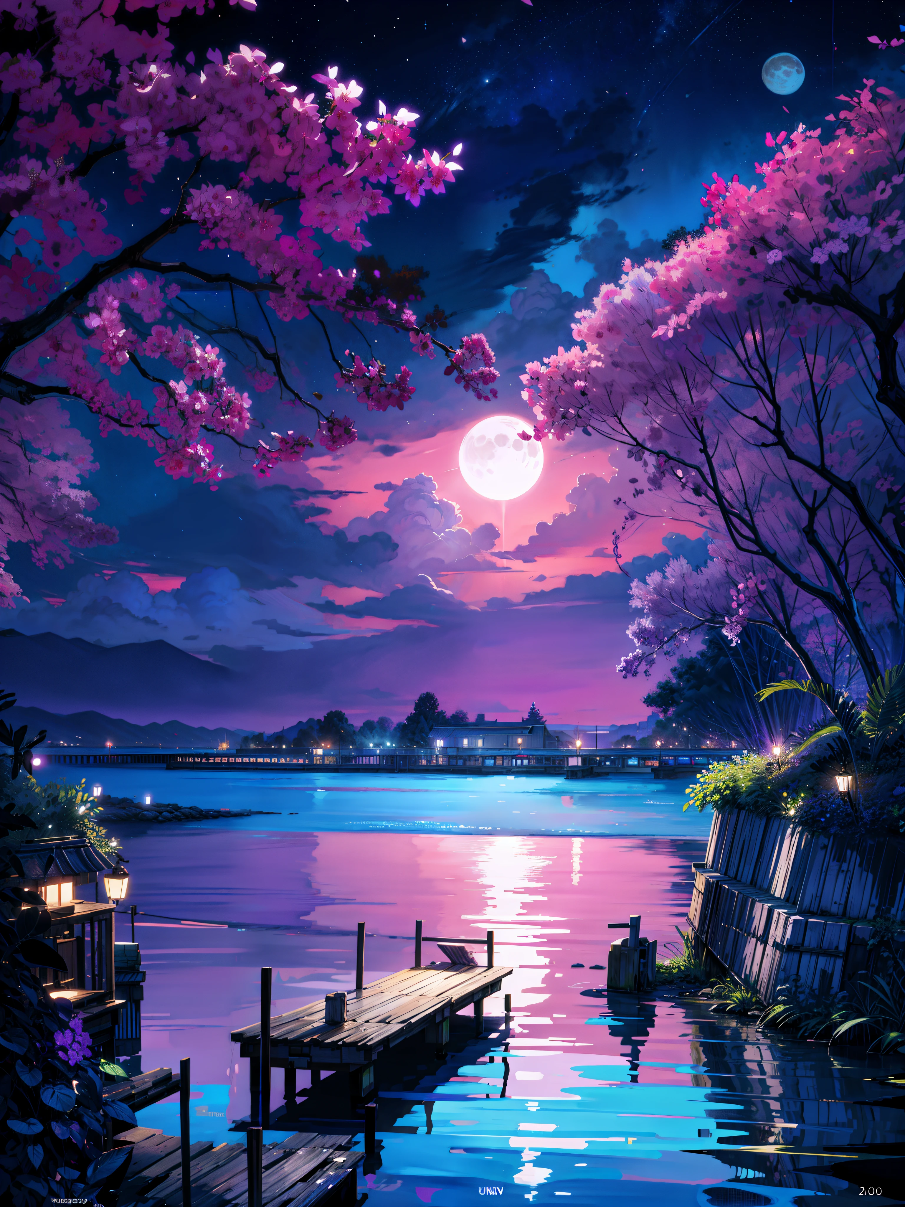 painting of a neon ((purple ,blue )) moonlight,dock areas, Bougainville decoration , , moonlight, river, moonlight reflection,beautiful art uhd 4 k, a beautiful artwork illustration, beautiful digital painting, highly detailed digital painting, beautiful digital artwork, detailed painting 4 k, very detailed digital painting, rich picturesque colors, gorgeous digital painting