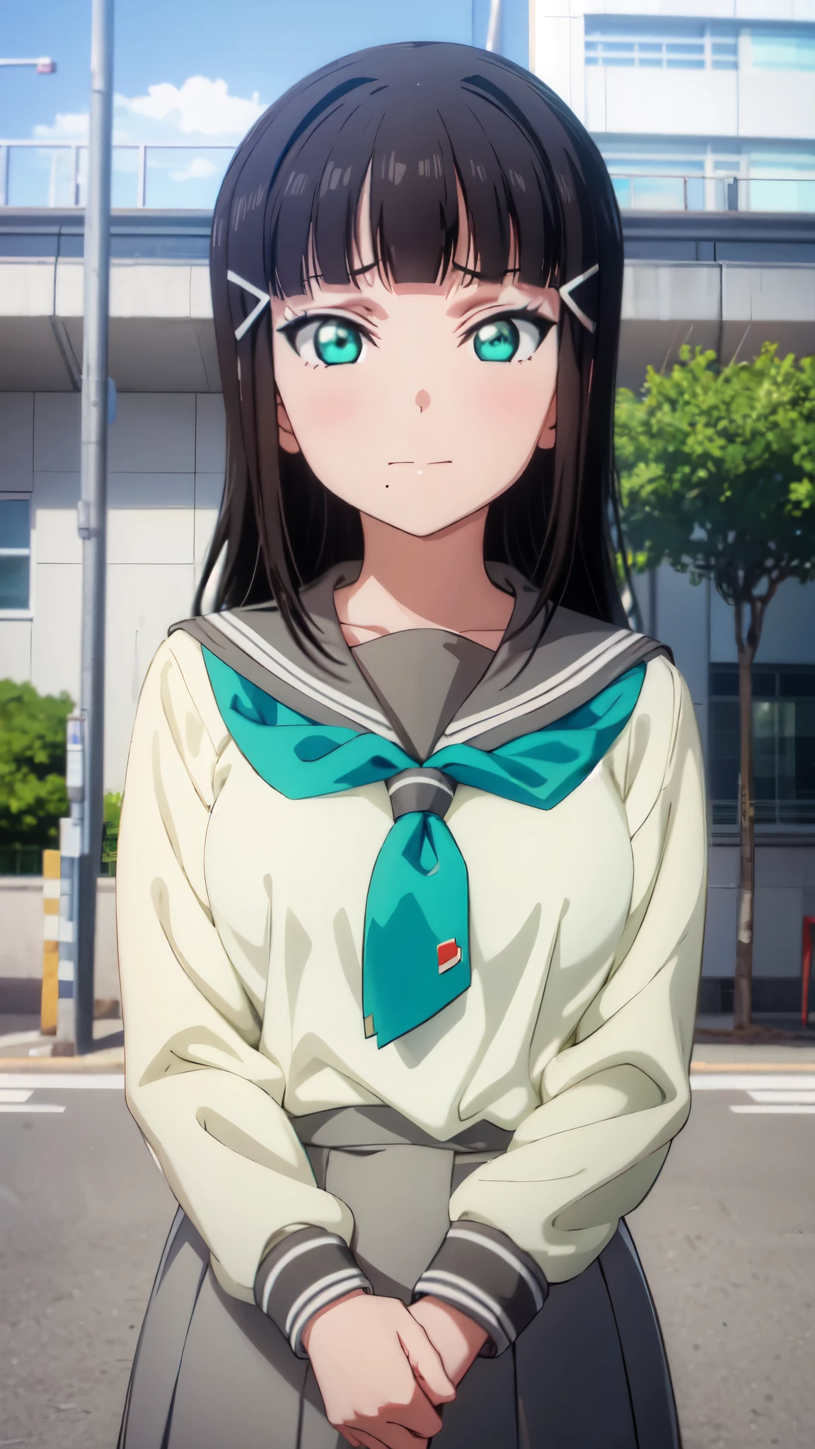 (((pixel-perfect, detail-perfect))), solo, 1girl, dia kurosawa, uranohoshi school uniform, looking at viewer, closed mouth، upper body 