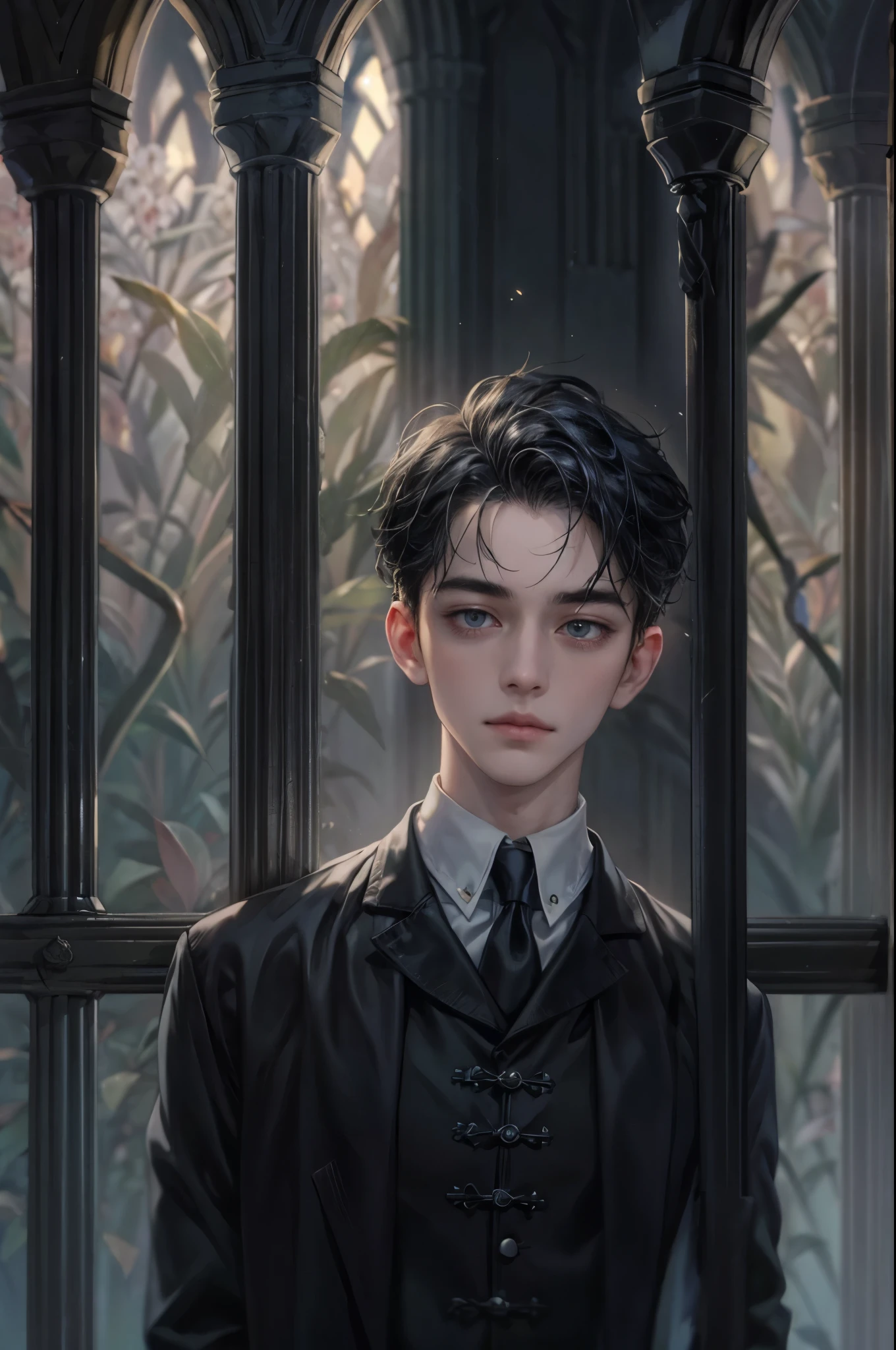 ((Best quality)), ((masterpiece)), (detailed), ((perfect face)), ((halfbody)) handsome face, male, teen boy,  perfect proportions , a male version character from the addams family, short hair, male version, detailed eerie background, detailed eerie scenery 