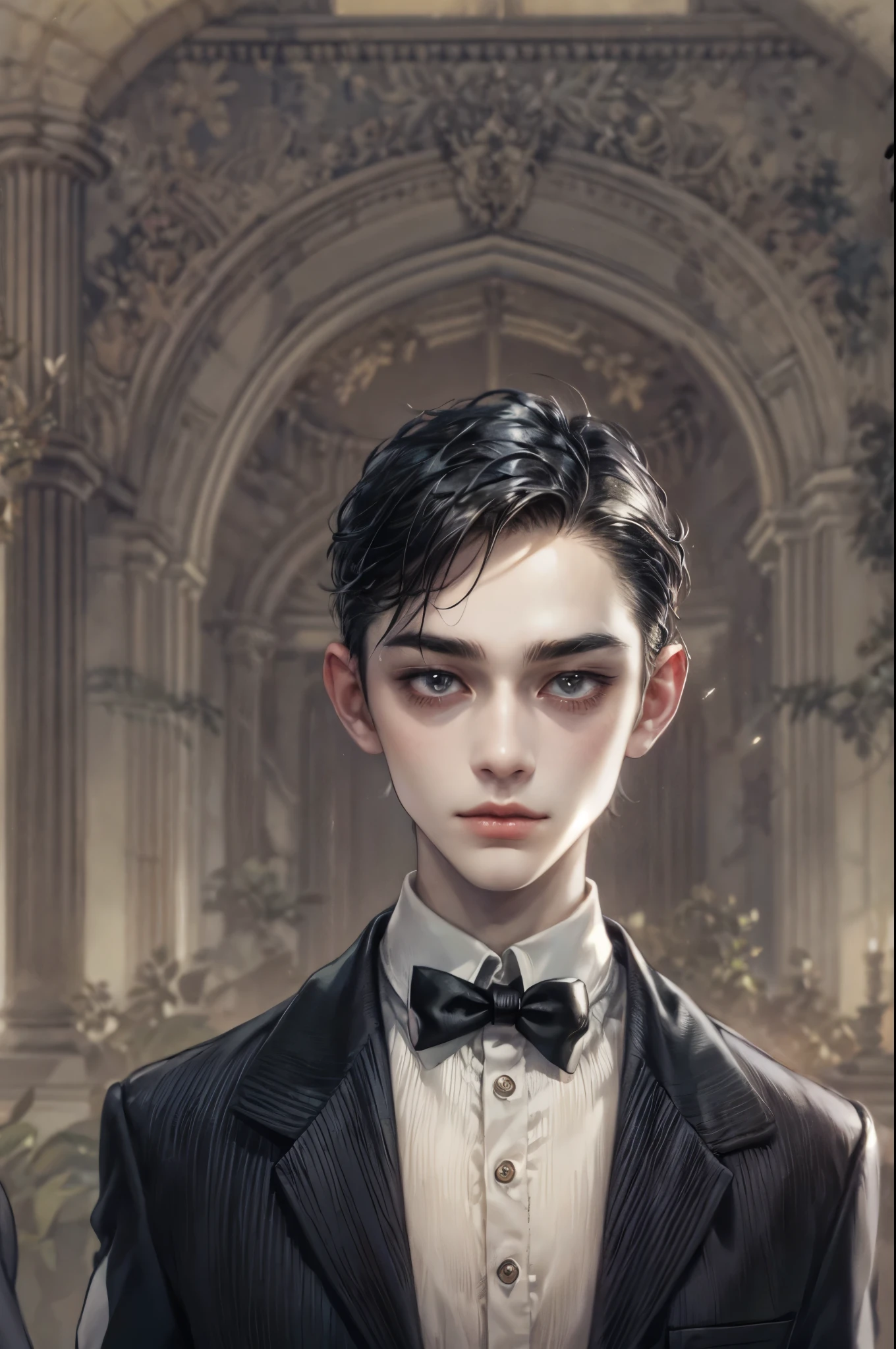 ((Best quality)), ((masterpiece)), (detailed), ((perfect face)), ((halfbody)) handsome face, male, boy, perfect proportions , a male version character from the addams family, short hair, male version, detailed eerie background, detailed eerie scenery