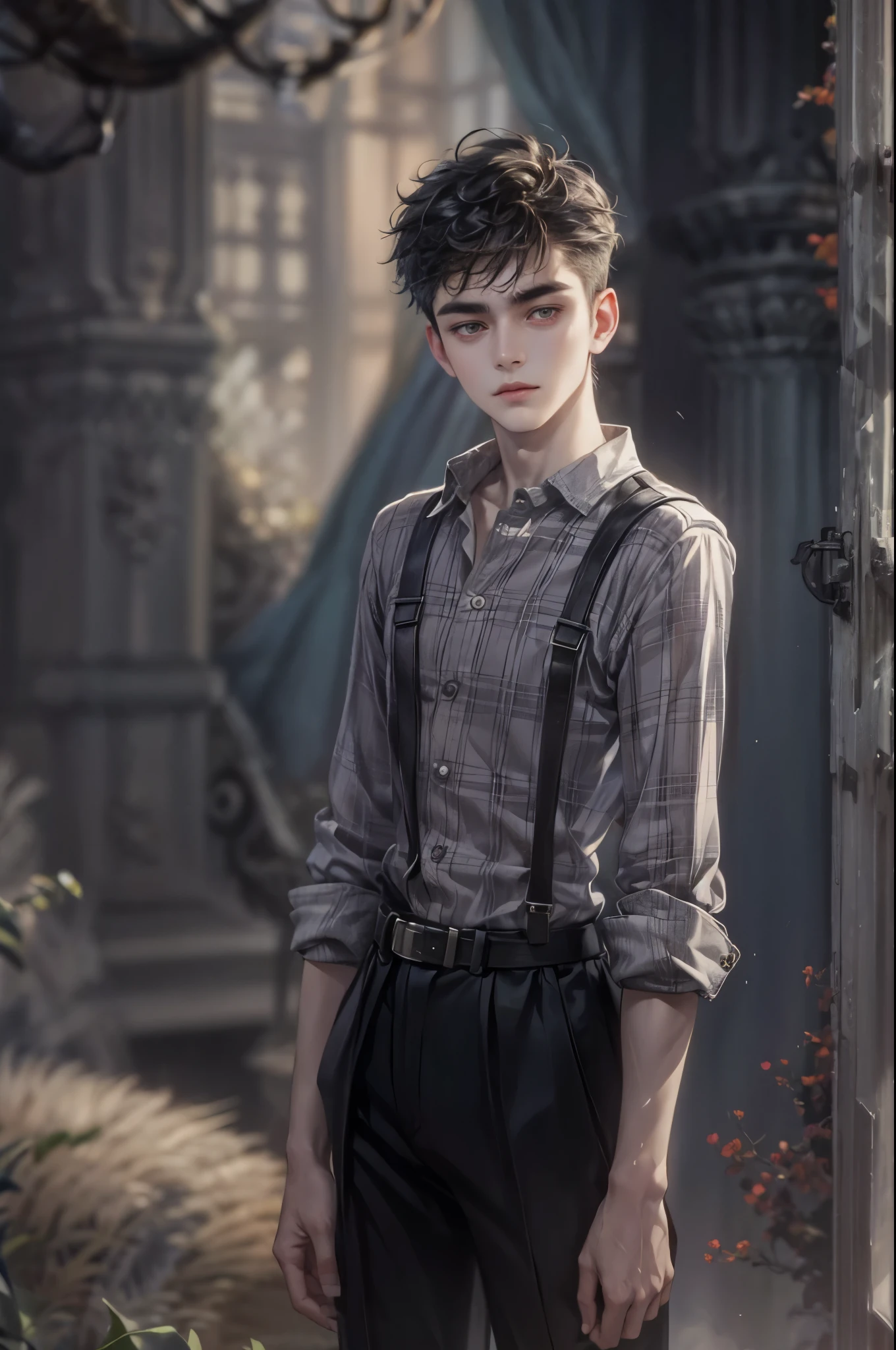 ((Best quality)), ((masterpiece)), (detailed), ((perfect face)), ((halfbody)) handsome face, male, teen boy,  perfect proportions , a male version character from the addams family, short hair, male version, detailed eerie background, detailed eerie scenery 