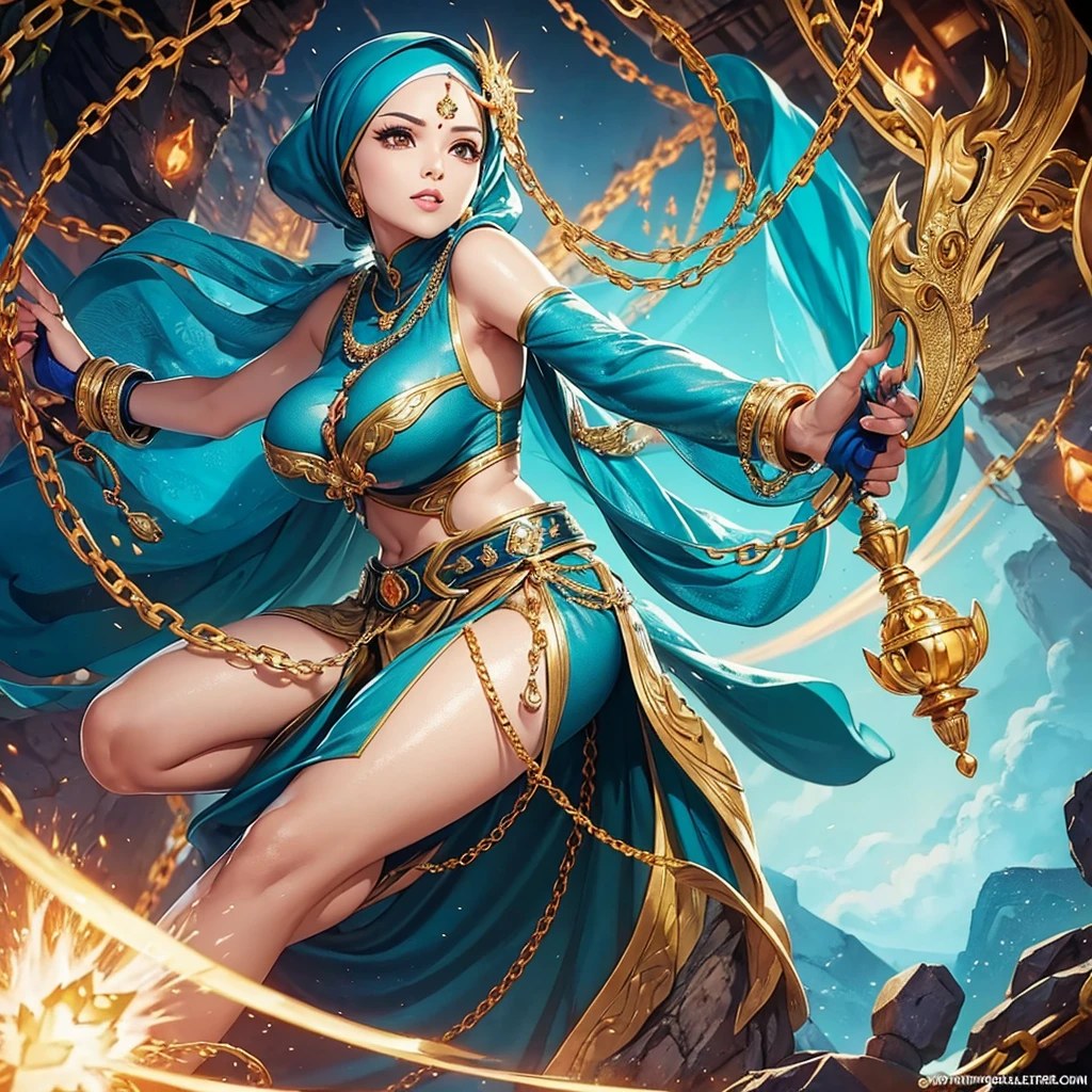 A (busty malaysian woman, age 40, hijab no hair showing, athletic, (many chains jewels and charms), wielding magic weapons), final showdown against a jeweled dragon