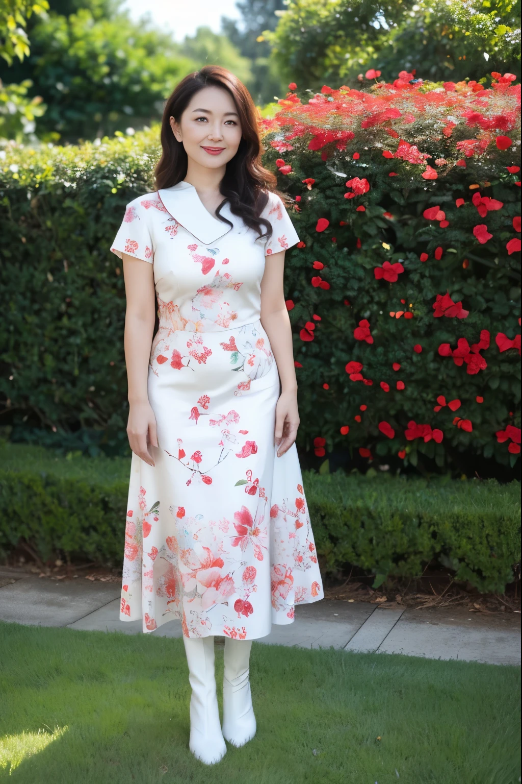 Draw lips correctly, red lipstick, from chest up, best quality, Super detailed, lifelike, Super fine skin, perfect anatomy, (1 日本Mature的女人), (alone)，Wearing a floral red round neck dress，short sleeve，white long boots，wavy long hair，37-year-old female，Mature，charming smile，garden background，stand，Slightly fat，medium chest，full-body shot。