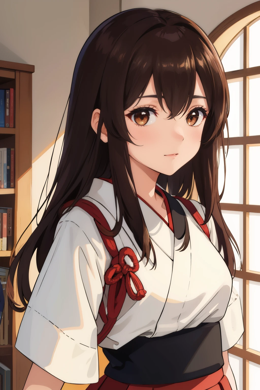 (masterpiece, highest quality:1.2),figure,8k,hd,1 girl,alone,Upper body,(portrait:1.2),length_hair,Brown_hair,Brown_eye,Munat,tasuki,in the same way,straight_hair,gloves,Japanese_Clothes,Partially_fingerless_gloves,single_glove,in the same way_skirt,skirt,in the same way_short_skirt,