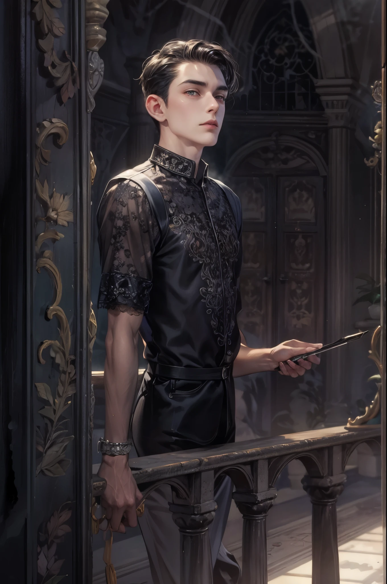 ((Best quality)), ((masterpiece)), (detailed), ((perfect face)), ((halfbody)) handsome face, male, boy, perfect proportions , a male version character from the addams family, short hair, male version, detailed eerie background, detailed eerie scenery