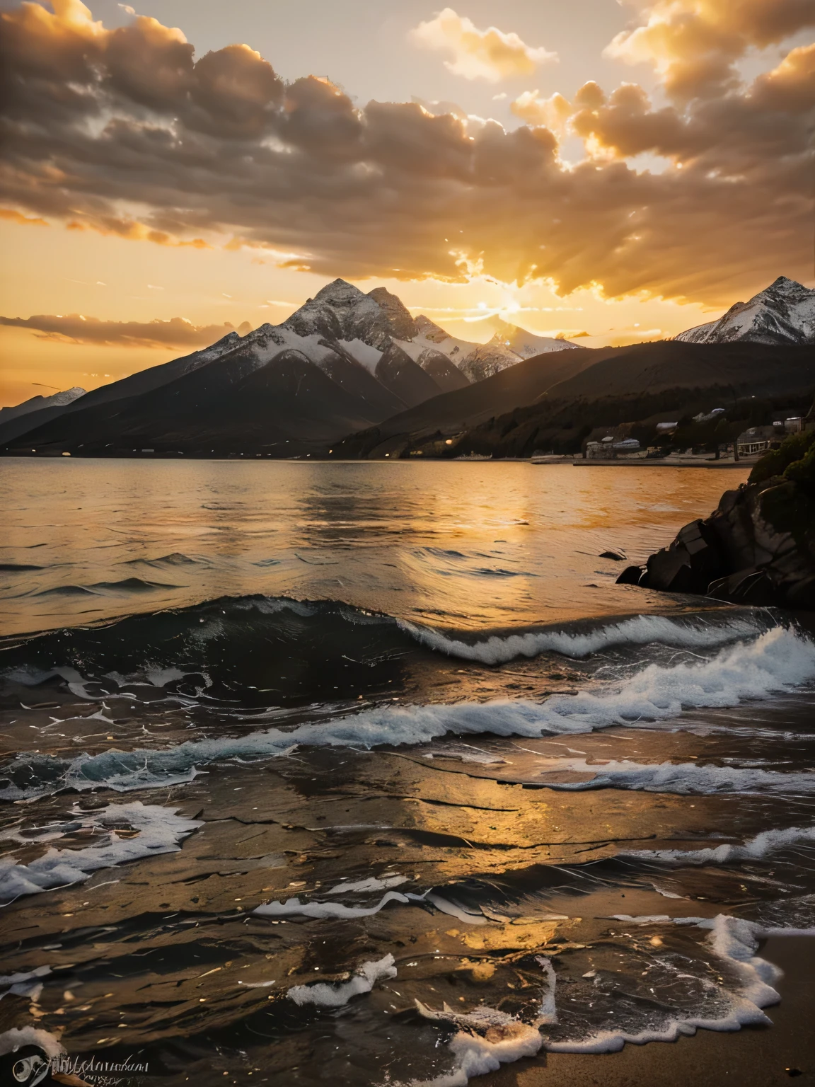 Sea and mountains,Golden sunset at dusk