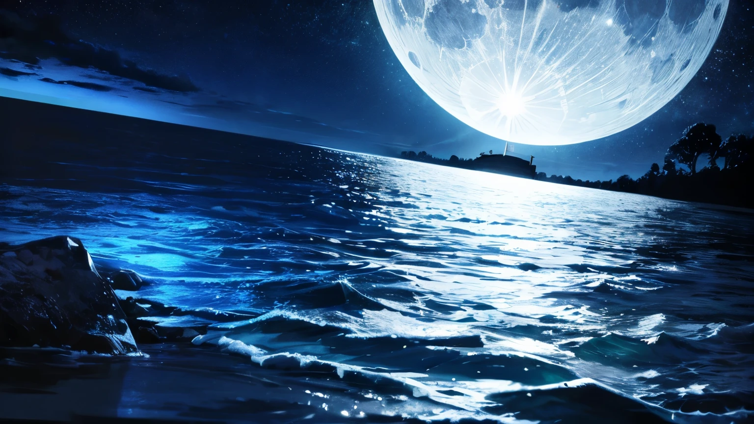 Blue Moon, night, water