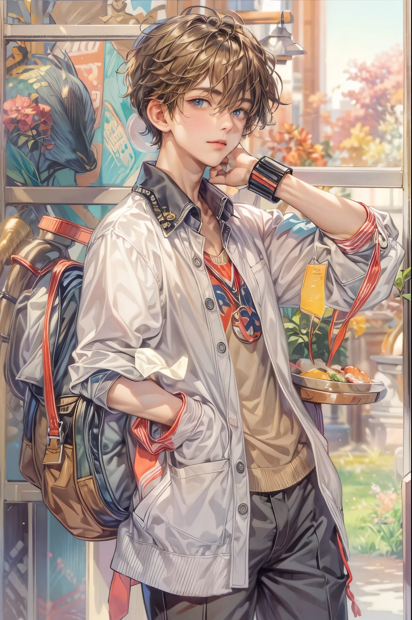((Best quality)), ((masterpiece)), (detailed), ((perfect face)), ((halfbody)) handsome face, male, boy, perfect proportions , a character from anime Pokémon, short hair, male version , hands hiding in clothes,detailed Pokémon center background, detailed cheerful scenery