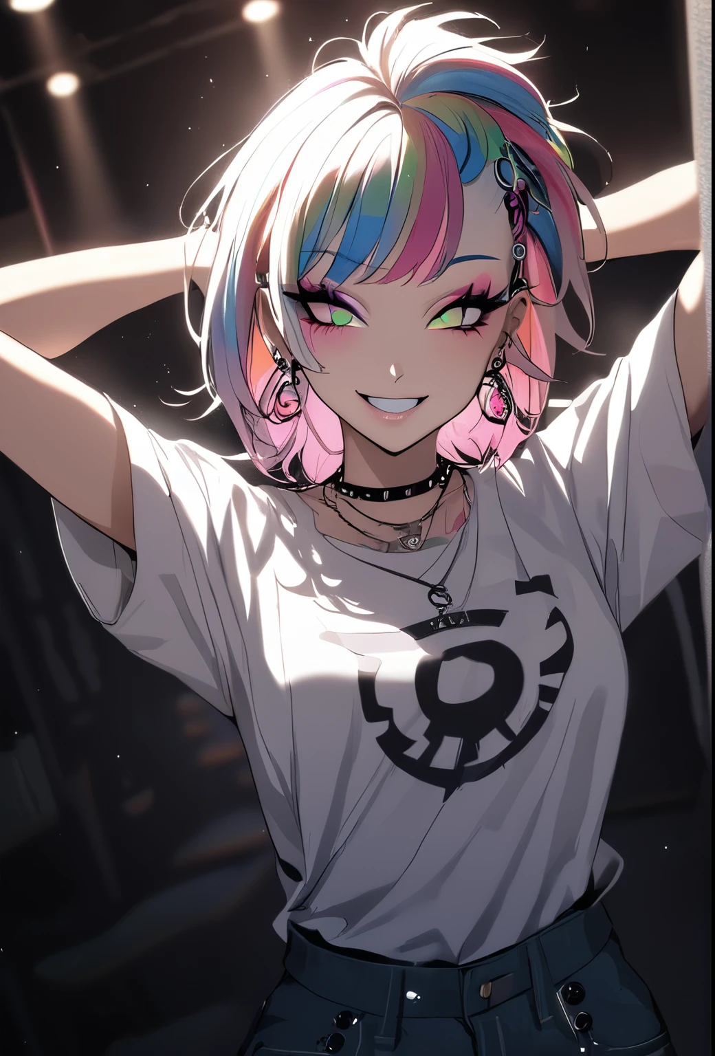 1girl, Holo-Punk Style, rainbow hair, earrings, eyelashes, grin, indoors, jewelry, lips, makeup, necklace, shirt, short hair, short sleeves, smile, solo, t-shirt, tattoo, teeth, denim pants, white shirt, faux hawk, punk aesthetic, arms behind head, cinematic angle, foreshortening, dark, dark background, cinematic lighting, masterpiece, best quality ,