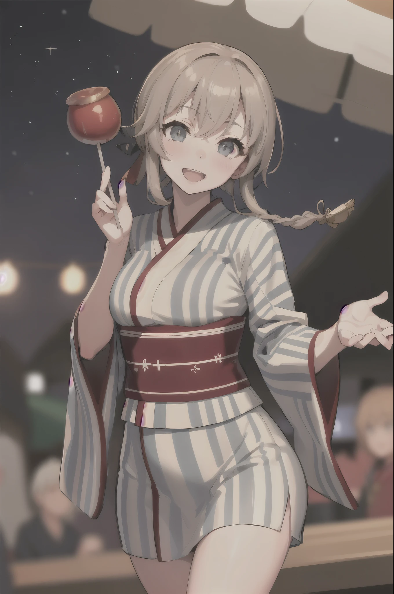 (masterpiece, highest quality:1.4), (super detailed:1.2), {figure,picturesque}, {studio light, picturesque}, [best shadow],
(KonishiCSA)_(ShizumaCSA)_(HoshiakariCSA), (Alpha CDE)_(Gamma CDE),
break
(perfect anatomy), (symmetrical eyes, super detailed eyes, beautiful eyes), (sharp eyeliner, super detailed face, beautiful face), (gray eyes),
break
nice hands, perfect hands, By Guido Daniele,
break
1girl, alone,
break
TeruzukiKimonoKC, (Teruzuki) kimono, (striped) kimono,
break
looking at viewer, cowboy shot, facing the viewer, smile, open your mouth, Excited, (outdoors, night market), (waving), (holding) Candy Apple, Candy Apple,
break
