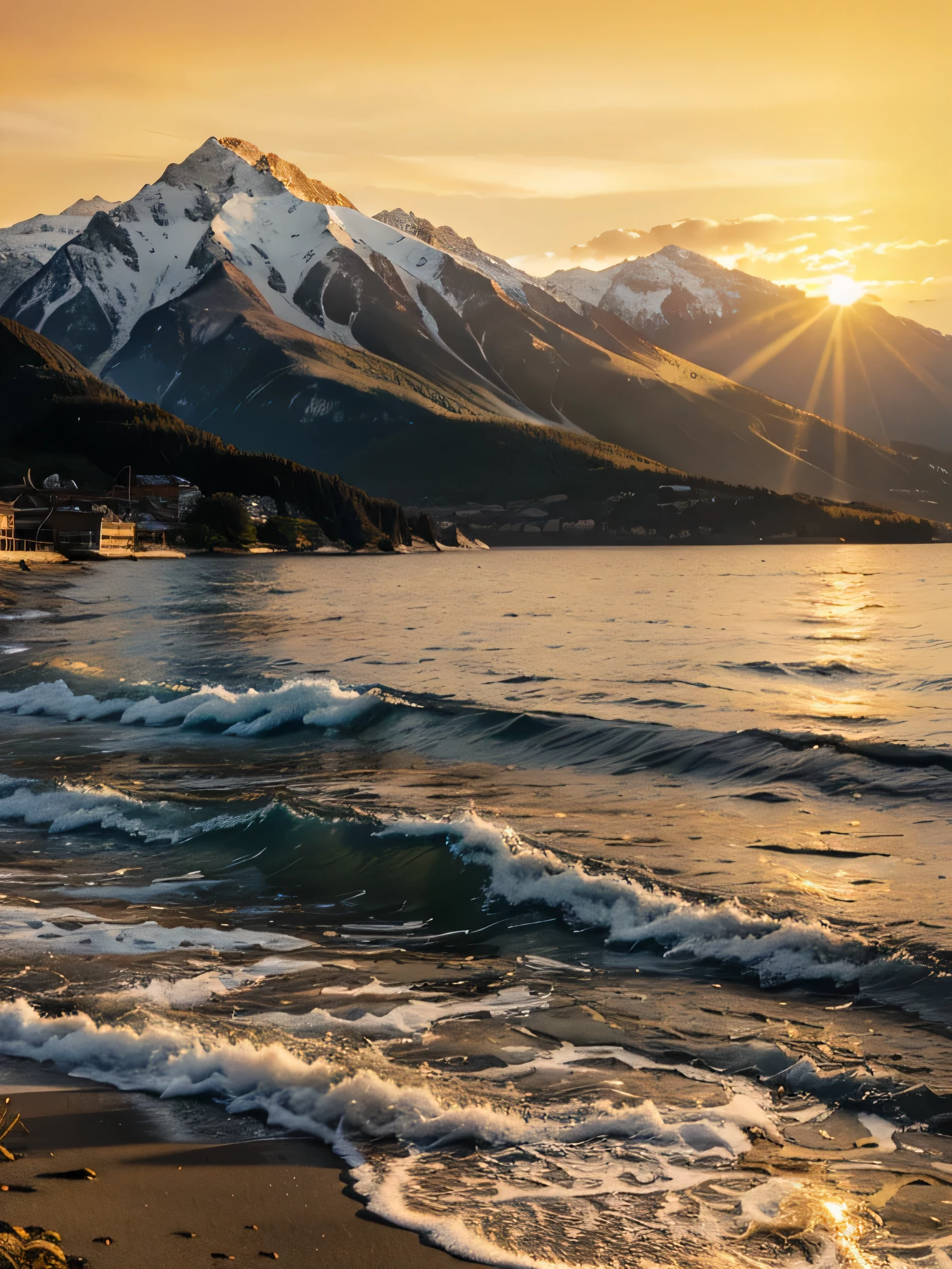 Sea and mountains,Golden sunset at dusk
