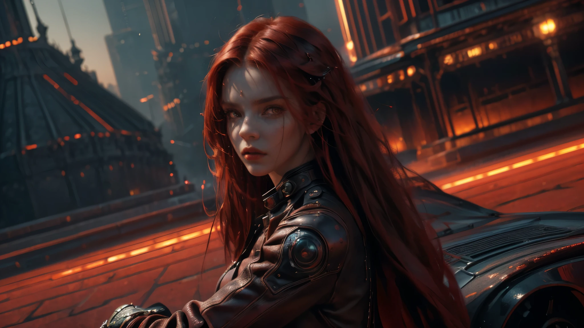 (1 beautiful woman, alone, 135mm, long red hair, leather clothing, theme cyberpunk, looking at the viewer, (Surrealism, depth of field, cinematic lighting, ray tracing, dramatic pose, digital art, dramatic photo, symmetrical eyes, complex background), (masterpiece, textured skin, super detail, award winning, best quality, 16k, HDR),
