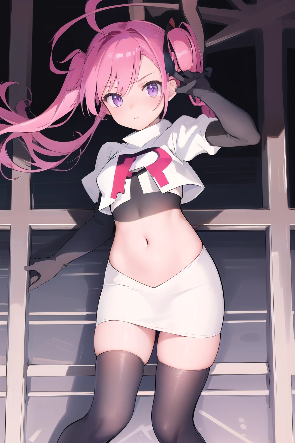 (masterpiece, best quality:1.2),illustration,8k,hd,1girl,solo,pink_hair,blue skirt,twintails,purple_eyes,navel,ahoge,bow,chain,long_hair,team rocket,team rocket uniform,white skirt,crop top,black thigh-highs,black elbow gloves,