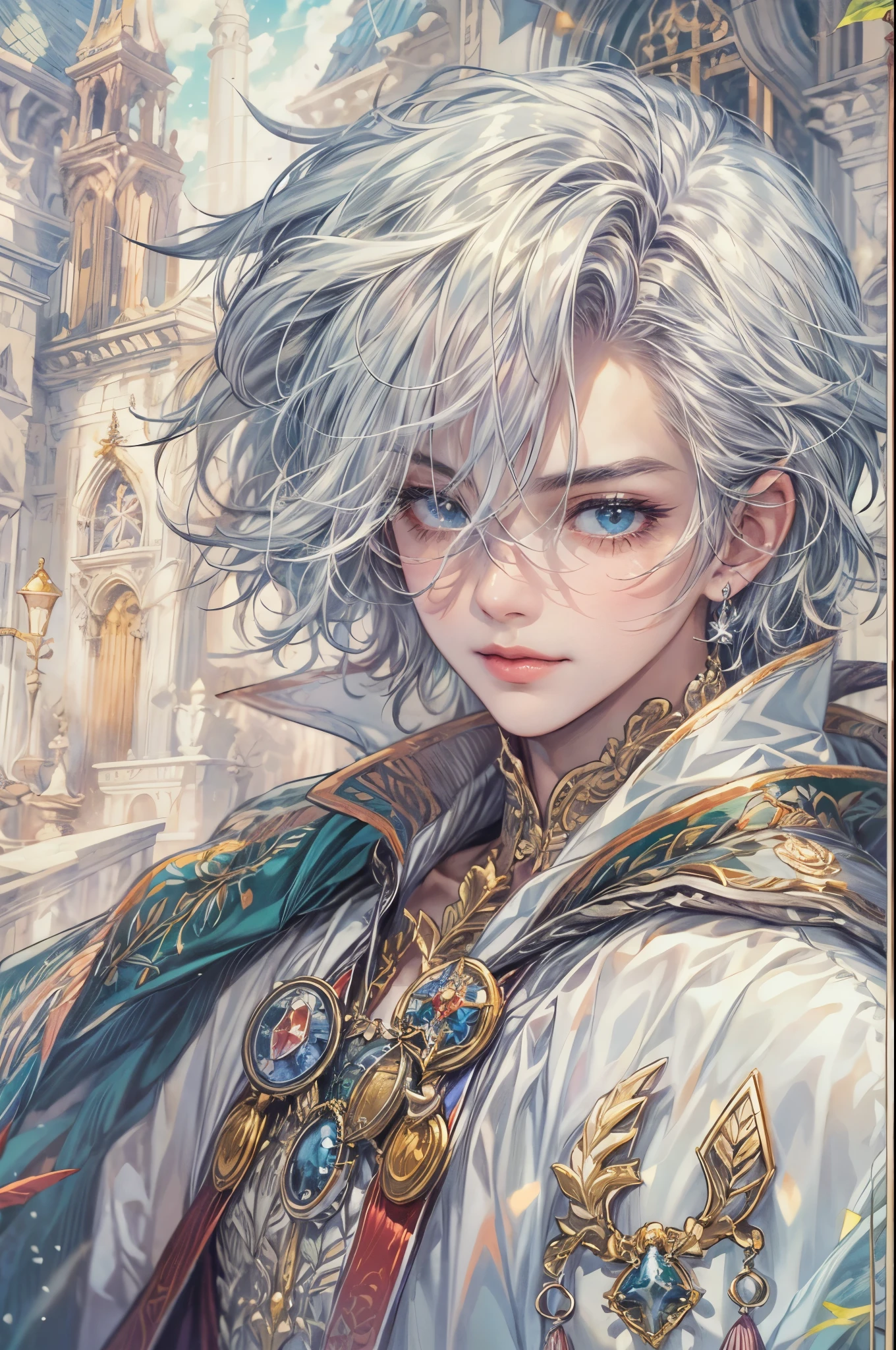((Best quality)), ((masterpiece)), (detailed), ((perfect face)), ((halfbody)) handsome face, male, boy, perfect proportions , a character from anime legend of mana teardrop crystal, silver hair, short hair, male version , gnostic church of domina scene, gnostic church of domina background, gnostic ghibli scenery background