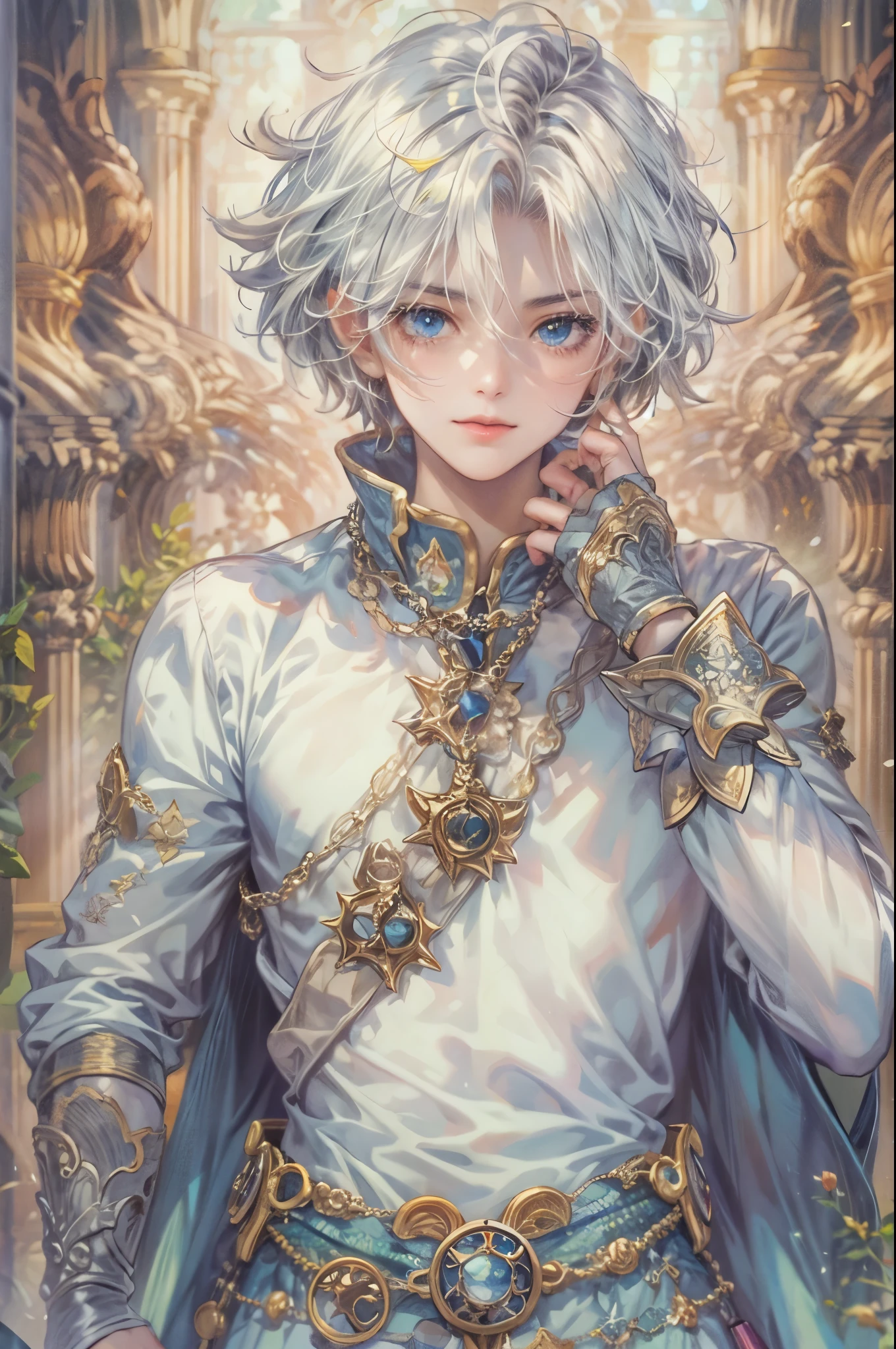 ((Best quality)), ((masterpiece)), (detailed), ((perfect face)), ((halfbody)) handsome face, male, teen boy, perfect proportions , a character from anime legend of mana teardrop crystal, silver hair, short hair, male version , gnostic church of domina scene, gnostic church of domina background, gnostic ghibli scenery background
