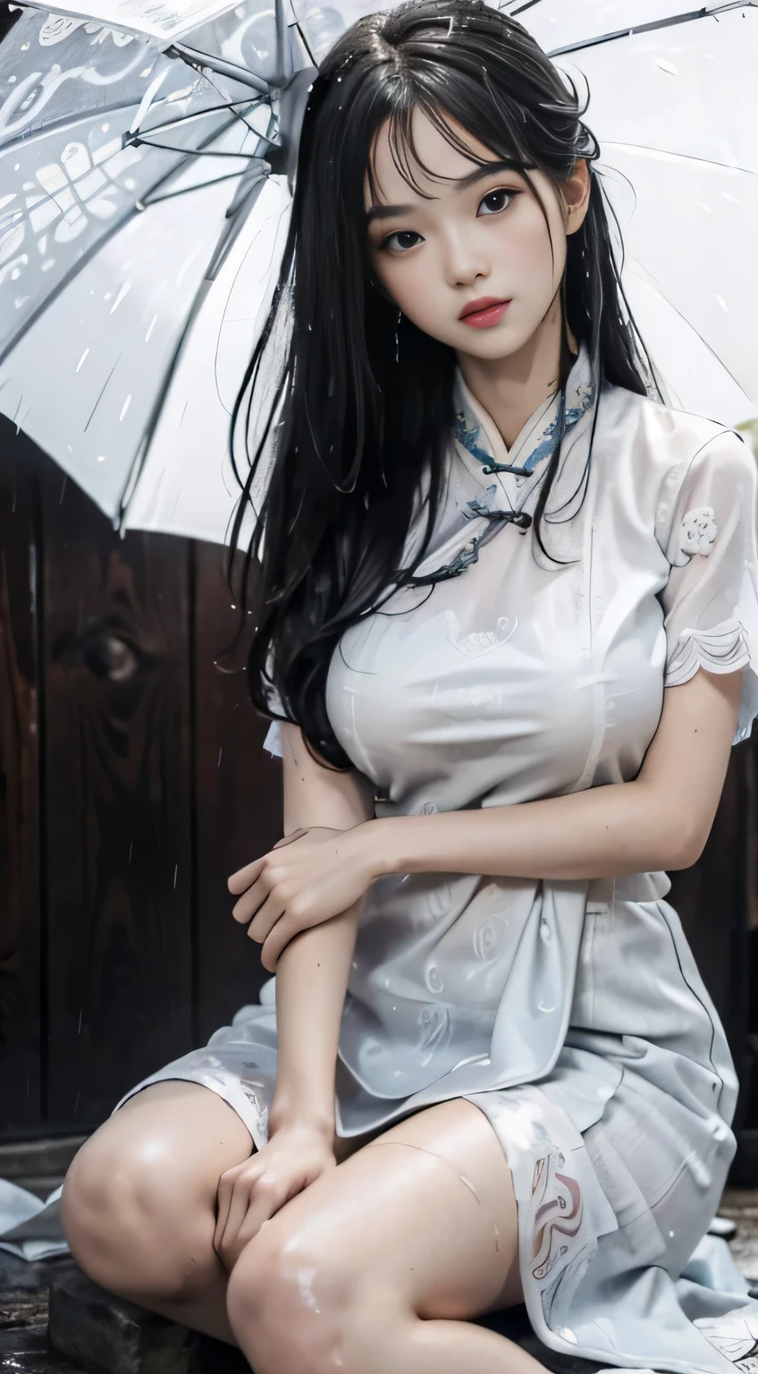 Master quality, highest quality, best picture quality hd 8k, exaggerated details, a godeess 8 year old dress moxin with a shy expression, slightly squinted eyes, adjusting her hair, long eyelashes (long hair / very, very exaggerated big breasts _ tits / in hanfu chinese thin silk qipao very wet body, thin cloth embossed pattern, short skirt), posing sit in front of the camera, wet throught rain, very wet body, thin cloth embossed pattern), posing sit in front of the camera, wet throught rain, wet silk lace under wear throught skin, thin cloth embossed pattern detaild lace