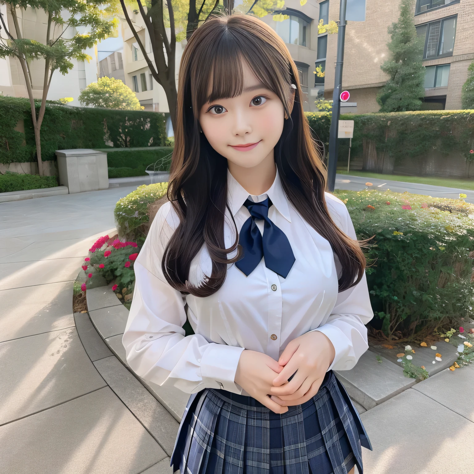 8k, highest quality, real image, intricate details, Super detailed, ultra high resolution, depth field, from the middle, 1 Japanese girl, very beautiful  girl, Big eyes, beautiful breasts:1.5、highly detailed eyes:1.2), (beautiful breasts:1.1), (wavy hair), small breasts, curly hair、bangs, perfect skin, Fair skin, huge hips, thick thighs, thick legs, tight waist, light blush, alone, (smile:1.1), looking at the viewer, (School_uniform), (dark blue blazer), (white shirt、wear a tie), (gray pleated skirt), (sculpture installation :1.1)