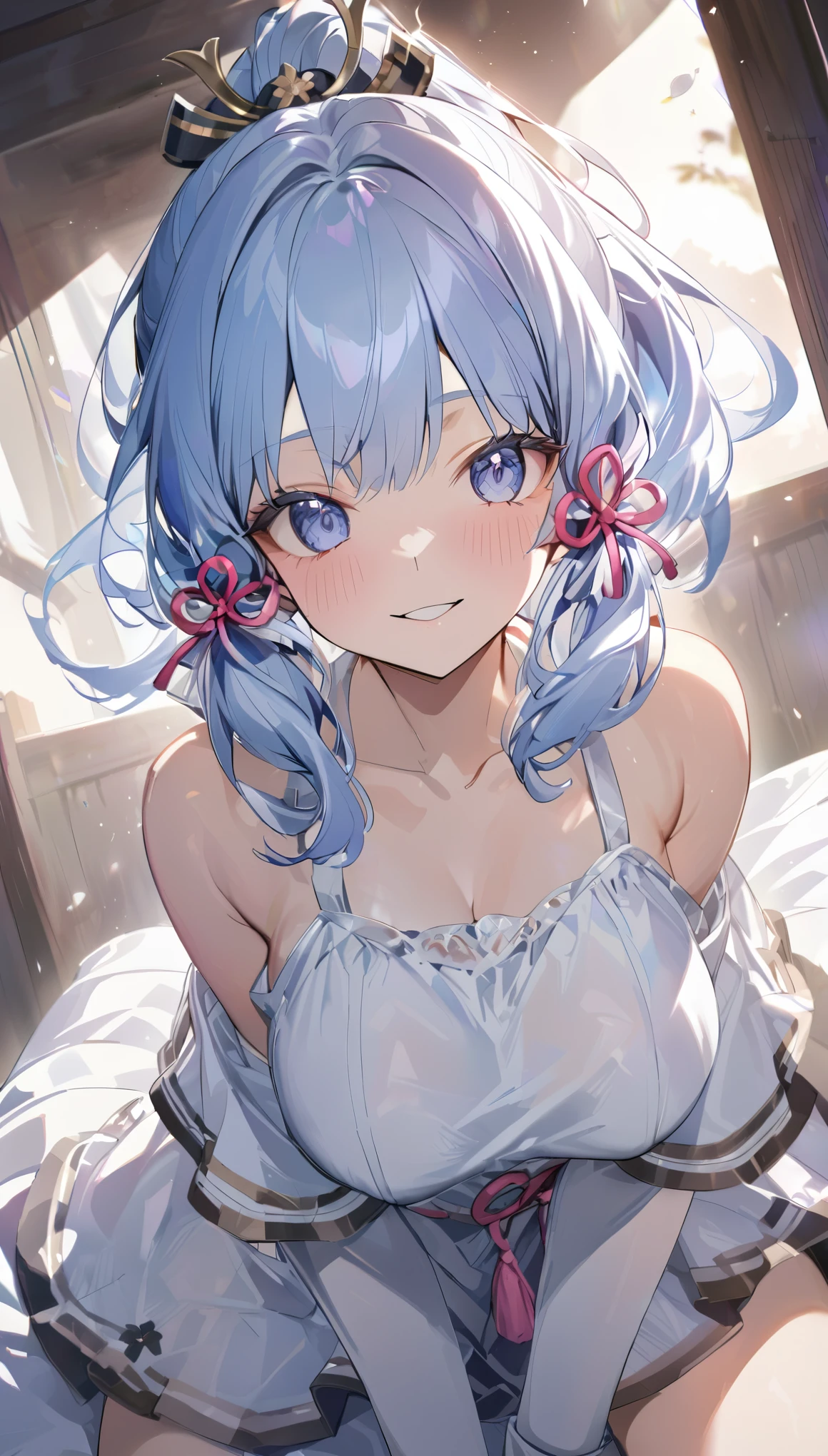 ayaka, long blue hair, beautiful face,smiling,close up to hips, moderate breast, sitting on beds, wearing beautiful white pajamas, (open mouth:0.4),illustration,detailed textures(realists),ultra-detailed,portrait style,vivid colors,soft lighting, blushing, mature, no bras, hair fluttering, soft breast