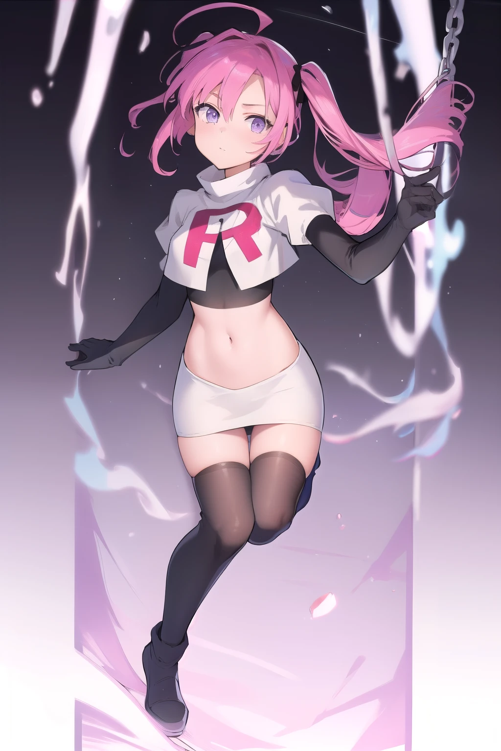 (masterpiece, best quality:1.2),illustration,8k,hd,1girl,solo,pink_hair,blue skirt,twintails,purple_eyes,navel,ahoge,bow,chain,long_hair,team rocket,team rocket uniform,white skirt,crop top,black thigh-highs,black elbow gloves,