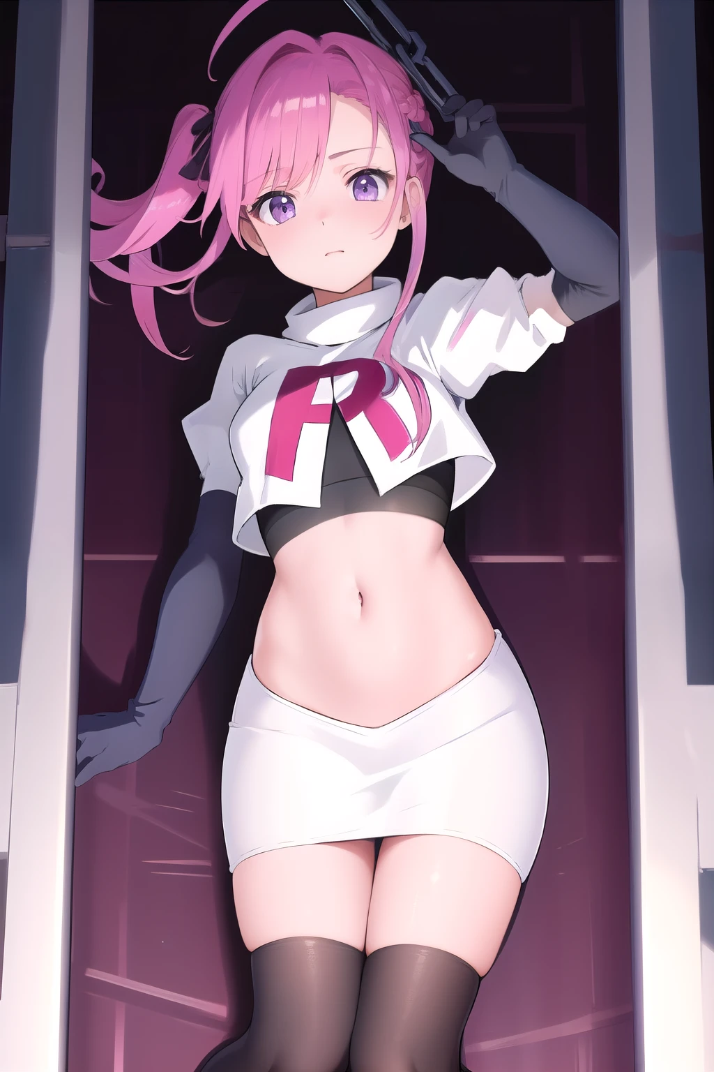 (masterpiece, best quality:1.2),illustration,8k,hd,1girl,solo,pink_hair,blue skirt,twintails,purple_eyes,navel,ahoge,bow,chain,long_hair,team rocket,team rocket uniform,white skirt,crop top,black thigh-highs,black elbow gloves,