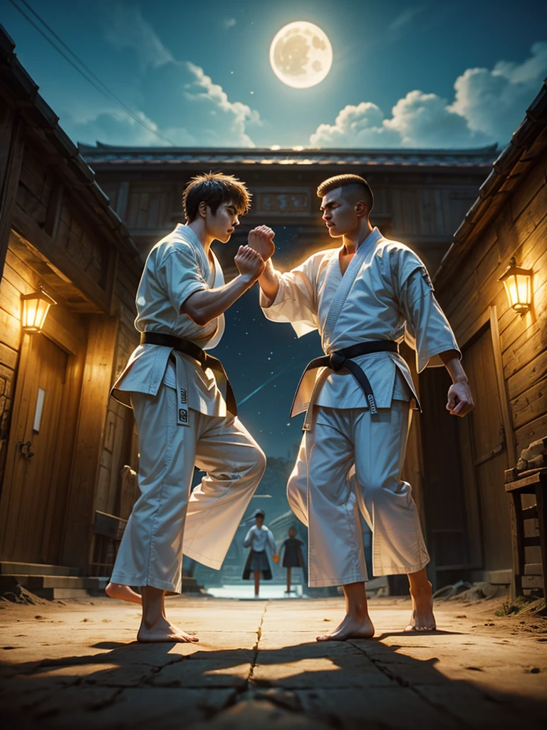 overall shot:1.4, (Super detailed eyes), (((Textile shading))), (((best quality))), (((table))), (((Super detailed CG))),(( karate , Two strong men competing in front of each other: 1.5)), karate, People watch the game in a Japanese temple: 1.5, karate最终对决, Decisive moment, Very detailed, complex、magical and beautiful), night in desert, Moonlight bioluminescent lighting, ultra high definition, 8k, Unreal Engine 5, Super clear focus, complex的艺术品杰作, inauspicious, golden ratio, Very detailed, Energetic, night with huge moon, Produce character renderings, Super high quality model, 32k