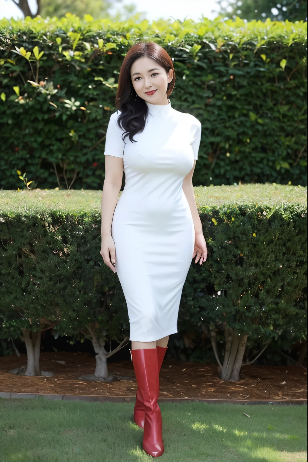 Draw lips correctly, red lipstick, from chest up, best quality, Super detailed, lifelike, Super fine skin, perfect anatomy, (1 中国Mature的女人), (alone),Wear fan crew neck sweater dress,short sleeve,white long boots,wavy long hair,37-year-old female,Mature,charming smile,garden background,stand,The body is fat,Big breasts,full-body shot。