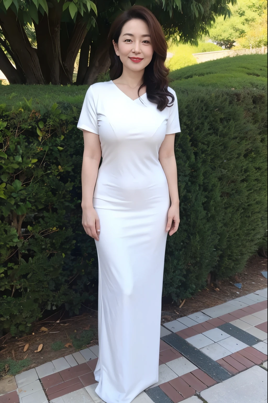Draw lips correctly, red lipstick, from chest up, best quality, Super detailed, lifelike, Super fine skin, perfect anatomy, (1 日本Mature的女人), (alone),Wear a green crewneck dress,short sleeve,white long boots。wavy long hair,40 year old female,Mature,charming smile,garden background,stand,Slightly fat(1.2),Big breasts(1.2),full-body shot。