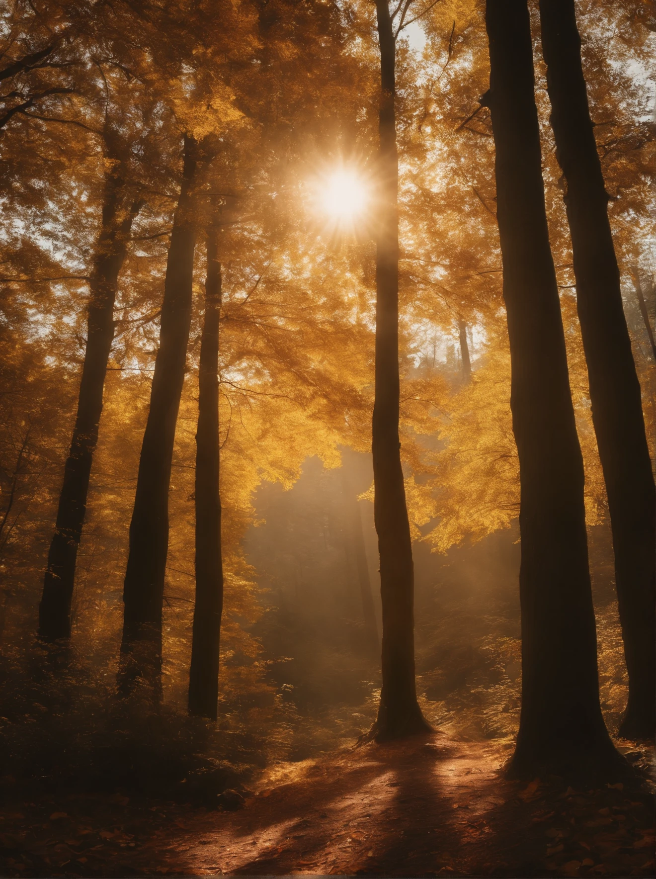 forest、autumn、morning、unmanned、sun、hyper realism、Super detailed、Ultra HD、