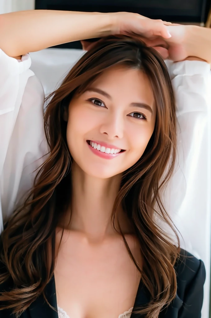 ((Highest quality)), ((8K)), ((masterpiece: 1.3)), (Perfect appearance), (Photorealism: 1.6), (MOR), (View from directly below: 1.2), (Naked Japan), (58 years old), ((Realistic skin texture)), (Fine wrinkles appear all over the skin), (Dullness), (Unmoisturized skin) , (Facial wrinkles), (Wrinkles around the eyes), double eyelid, Lower eyelid tear trough, (Dimples), (overbite), (Large upper front teeth), (Bulbous Nose), round face, Short bangs, Long wavy hair, She is smiling gently with the corners of her mouth raised, She is completely naked and posing sexy, Mature woman's loose figure, Small breasts, Small breasts, Flat Chest, Bedroom with morning sun streaming in, Strong sunlight, bright, She is smiling gently with the corners of her mouth raised,