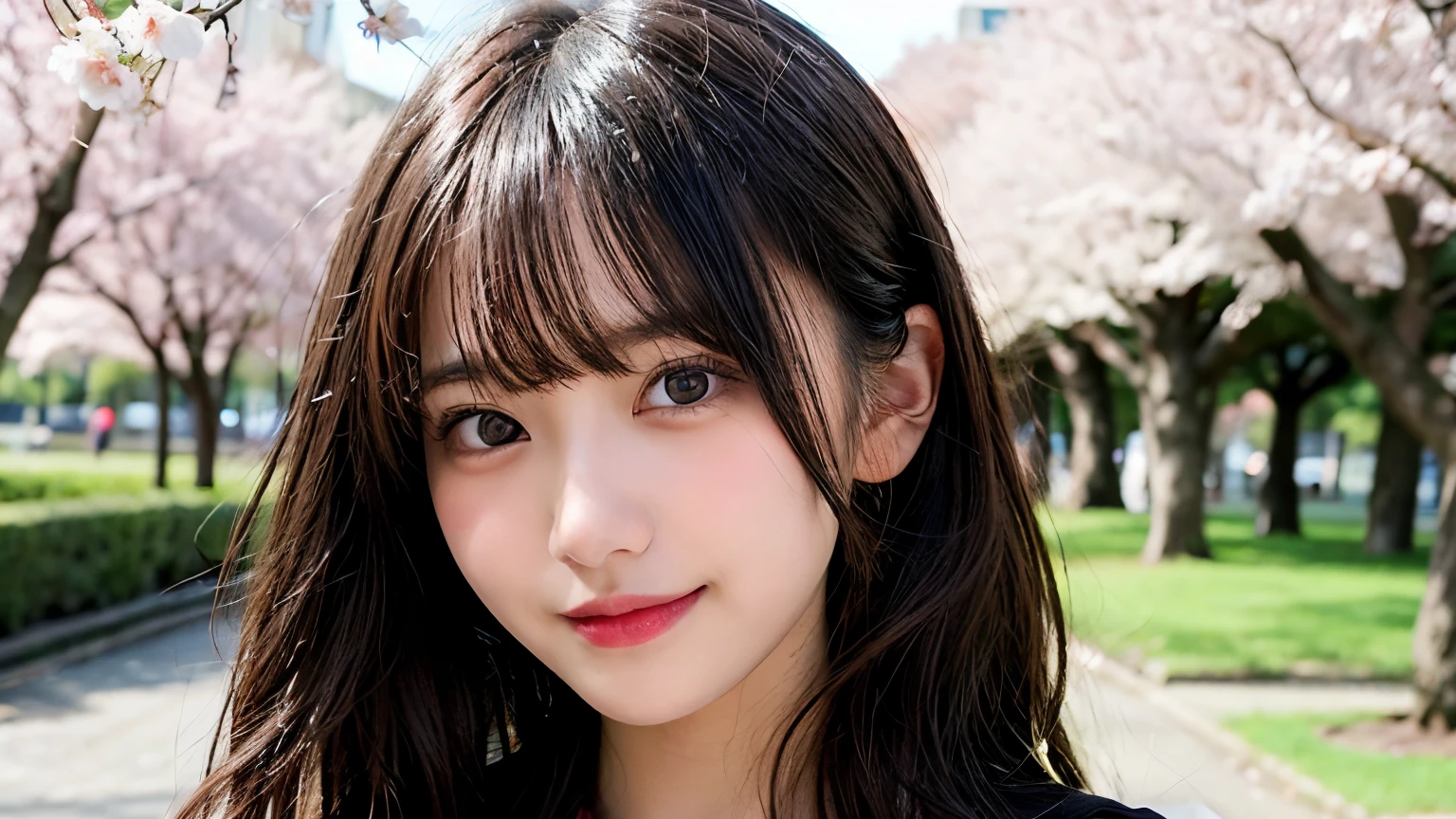 table top, highest quality, shape, Super detailed, finely, High resolution, 8k wallpaper, 完璧なダイナミックな構shape, finelyて美しい目, Wearing a black dress,medium hair,natural color lip, smile,Harajuku、teenage girl、cute、looking at the camera、C cup、brown hair、Blurred cherry blossom background in the park