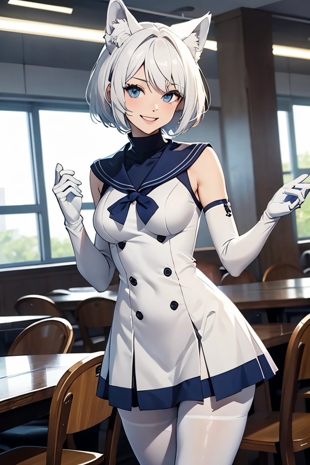 table top High level image quality best image quality 8k adult woman portrait white long gloves(elbow gloves) white pantyhose sailor suit(sleeveless) navy blue mini skirt white wolf ears short hair((shortcut)(pure white hair)(perm)(fluffy)) eye color is blue attractive face((laughter)(smile)(open your mouth)) beautiful feet Are standing put your hand on your waist