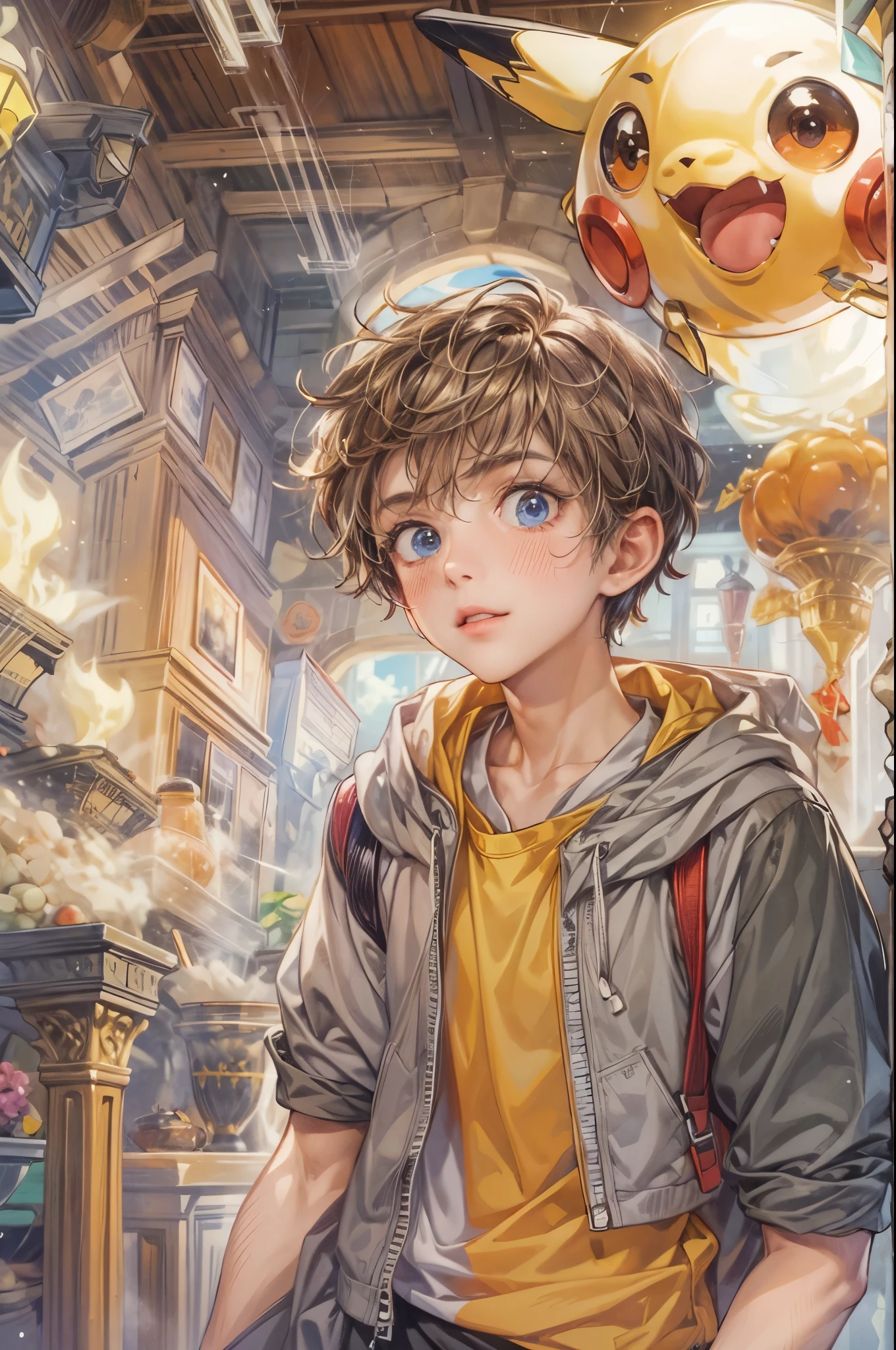 ((Best quality)), ((masterpiece)), (detailed), ((perfect face)), ((halfbody)) handsome face, male, boy, perfect proportions , a character from anime Pokémon, short hair, male version , hands hiding in clothes,detailed Pokémon center background, detailed cheerful scenery