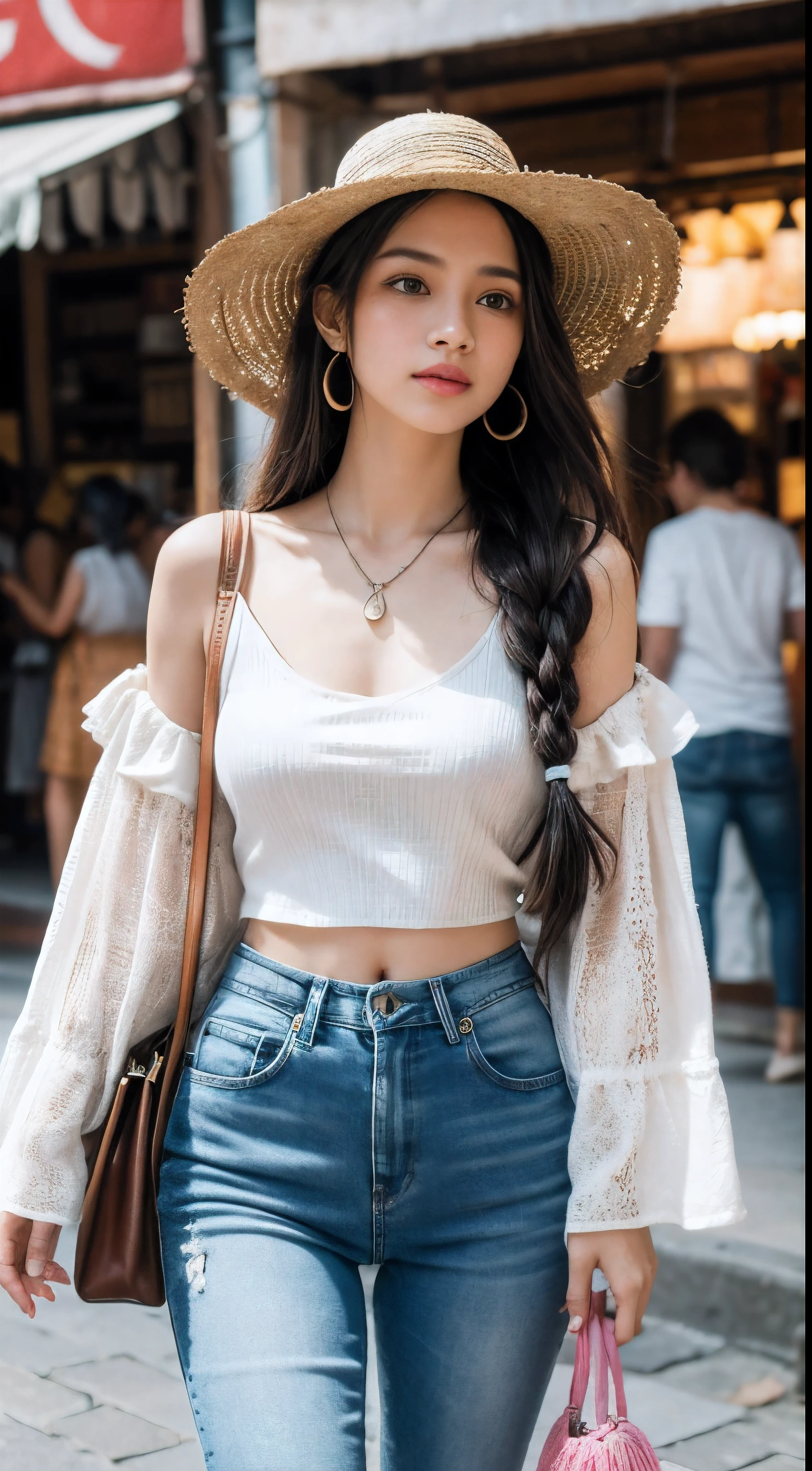 Generate a digital image of a beautiful woman with long, dreadlocked hair adorned with colorful beads.
Capture her exploring a bustling marketplace in a foreign city.
She wears distressed black skinny jeans, a flowy white peasant top with embroidered details, and a statement-piece turquoise pendant necklace.
Accessorize her with a woven straw hat and a crossbody leather bag with fringe detailing.
The background should be a vibrant marketplace scene filled with colorful stalls, exotic spices, and people from all walks of life.
Use a medium shot that captures her sense of adventure and curiosity as she explores the marketplace.
Enhance the image with warm tones, a slight depth of field effect, and a hint of dust in the air to create a lived-in, travel-inspired feel.