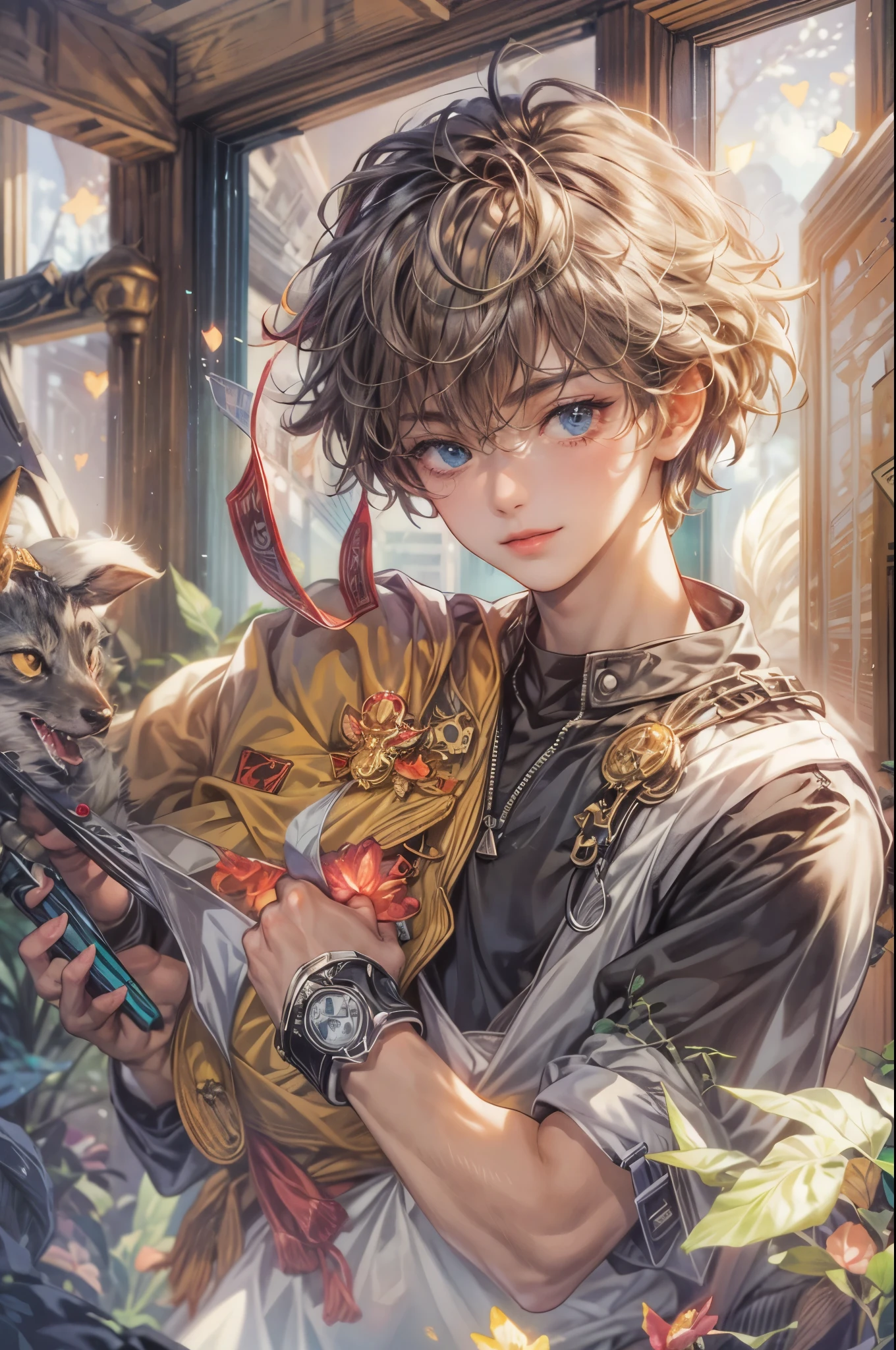 ((Best quality)), ((masterpiece)), (detailed), ((perfect face)), ((halfbody)) handsome face, male, teen boy,  perfect proportions , a character from anime Pokémon, short hair, male version , hands hiding in clothes,detailed Pokémon center background, detailed cheerful scenery 