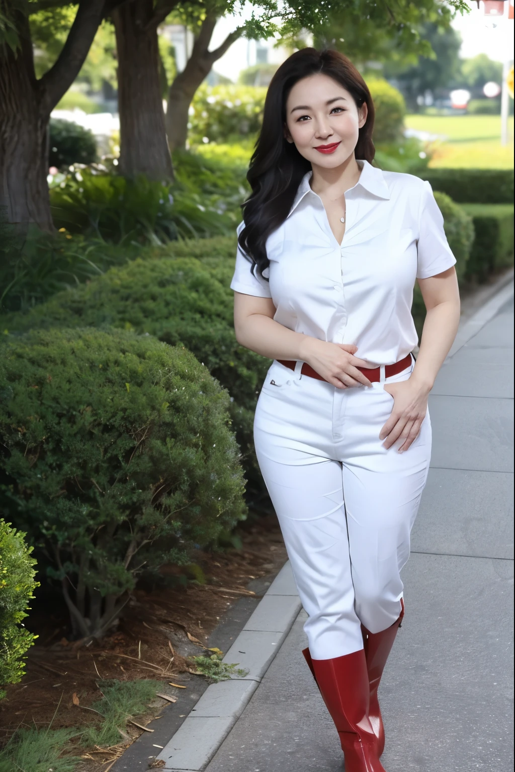 Draw lips correctly, red lipstick, from chest up, best quality, Super detailed, lifelike, Super fine skin, perfect anatomy, (1 日本Mature的女人), (alone),wear white shirt,short sleeves,gray pants,white boots,wavy long hair,37-year-old female,Mature,charming smile,outdoor background,stand,Leg length,Chubby,Big breasts,stand up,full-body shot