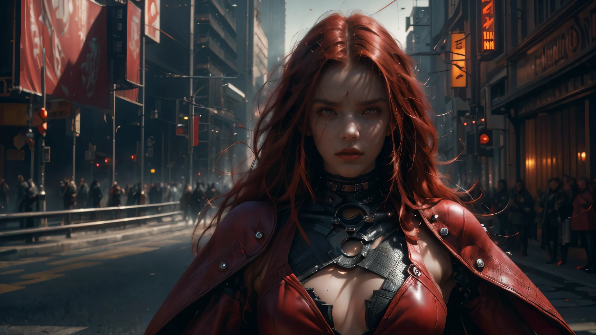 (1 beautiful woman, alone, 135mm, long red hair, leather clothing, theme cyberpunk, looking at the viewer, (Surrealism, depth of field, cinematic lighting, ray tracing, dramatic pose, digital art, dramatic photo, symmetrical eyes, complex background), (masterpiece, textured skin, super detail, award winning, best quality, 16k, HDR),
