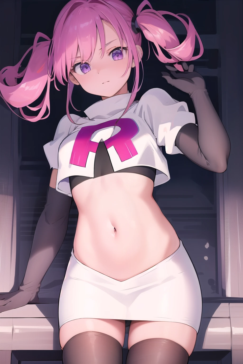 (masterpiece, best quality:1.2),illustration,8k,hd,1girl,solo,pink_hair,blue skirt,twintails,purple_eyes,navel,ahoge,bow,chain,long_hair,team rocket,team rocket uniform,white skirt,crop top,black thigh-highs,black elbow gloves,