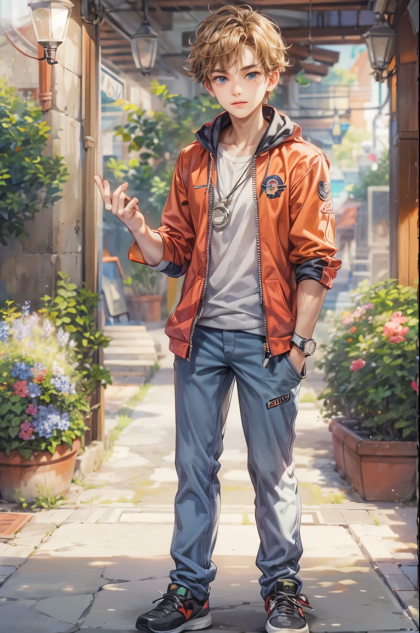 ((Best quality)), ((masterpiece)), (detailed), ((perfect face)), ((halfbody)) handsome face, male,  boy,  perfect proportions , a character from anime Pokémon, short hair, male version , hands hiding in clothes,detailed Pokémon center background, detailed cheerful scenery 