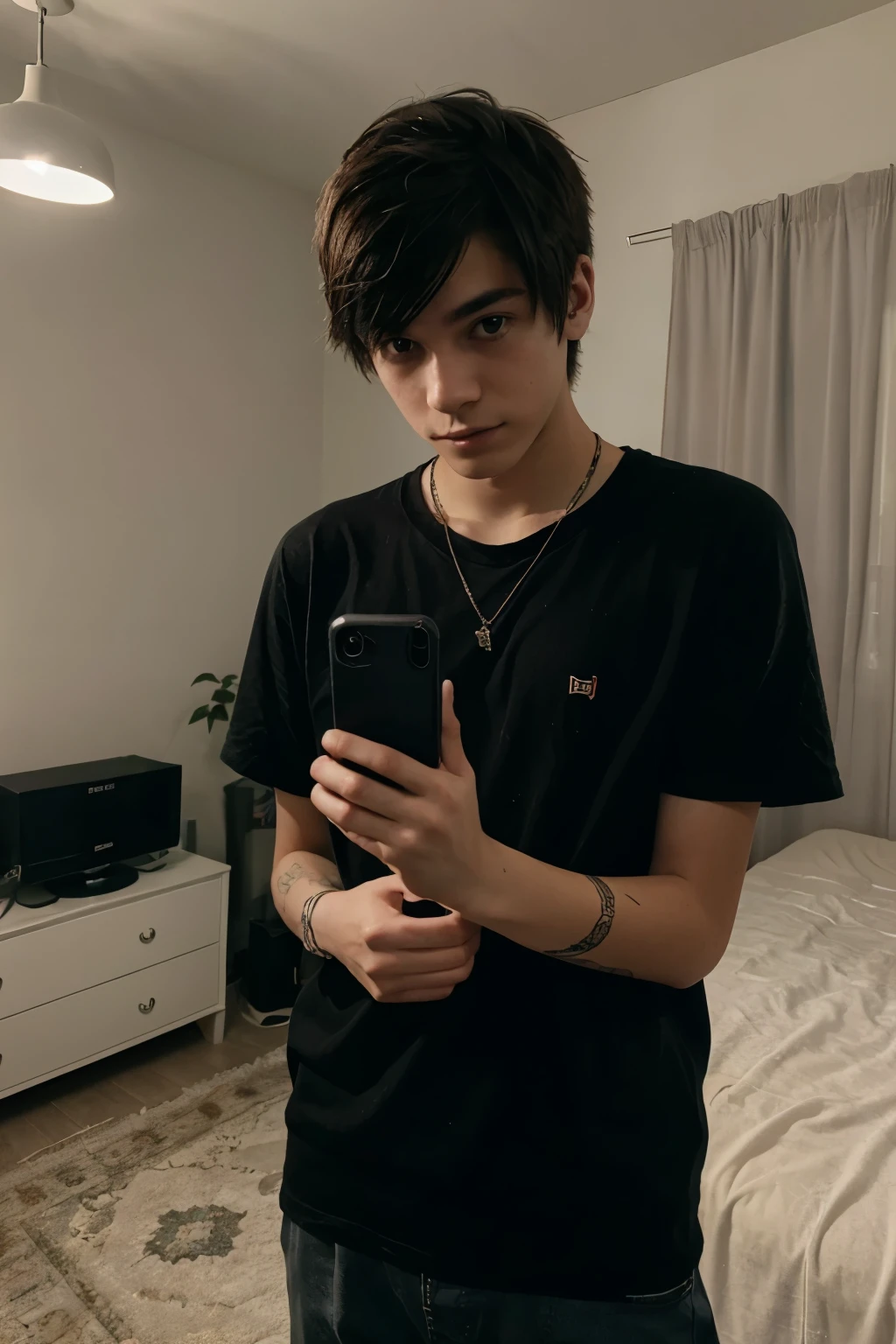 A  emo boy with a pretty face taking a photo with his cell phone in his room, the quality is not very good
