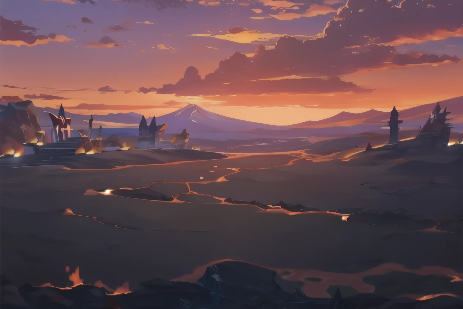 Game style sunset scene illustration，There is a castle in the distance, background art, Volcano workshop background, hot environment, mobile Game background, background artwork, anime background art, Lava river background, Stadium Background, Ross Tran. landscape background, magnificent background, hell background, Icy roads on a lava planet, Game background, riot background，magic，There are many mountains in the distance