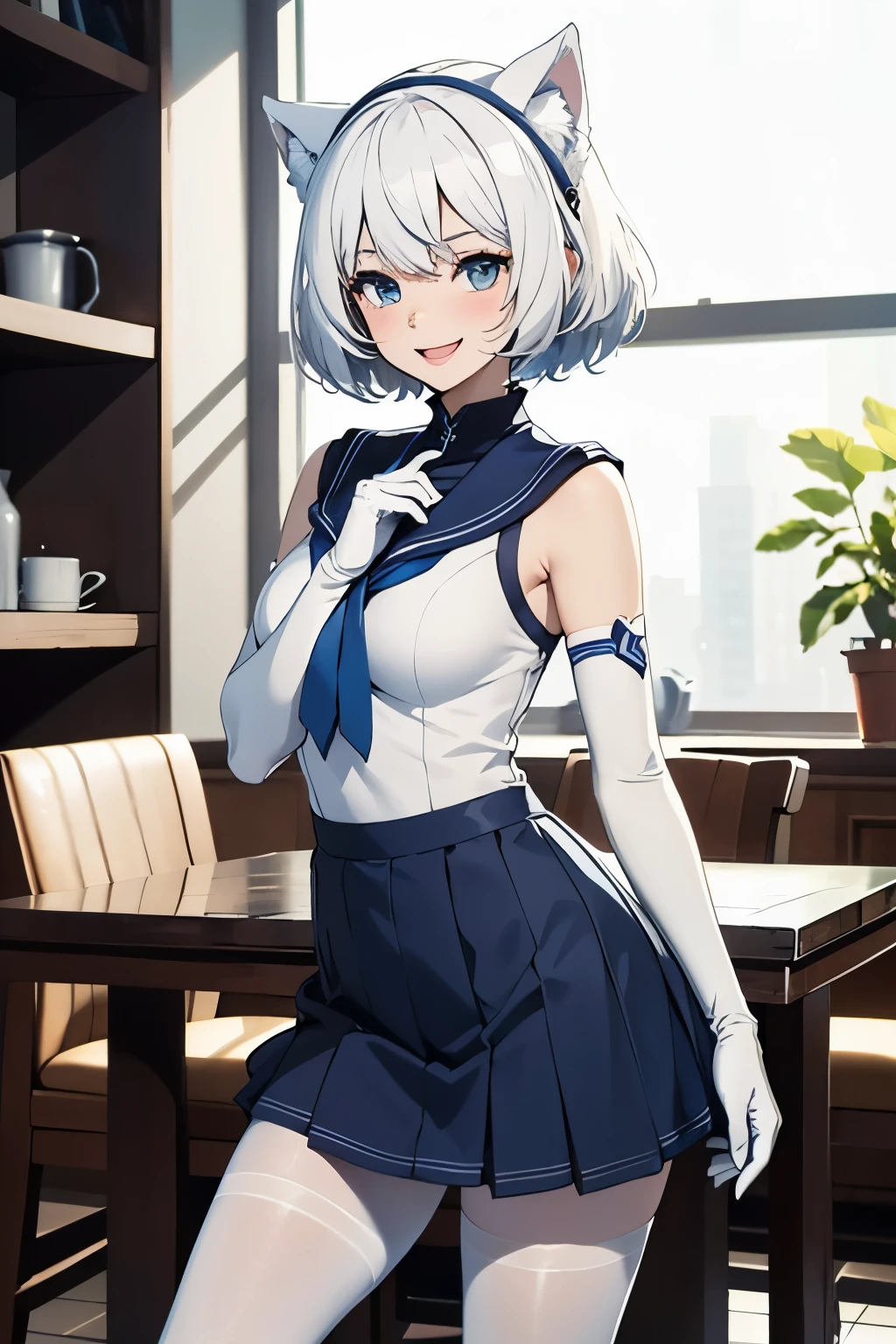 table top　High level image quality　best image quality　8k　 adult woman　portrait　white long gloves（elbow gloves）　white pantyhose　sailor suit（sleeveless）　navy blue mini skirt　white wolf ears　short hair（（shortcut）（pure white hair）（perm）（fluffy））　eye color is blue　attractive face（（laughter）（smile）（open your mouth））　beautiful feet　Are standing　