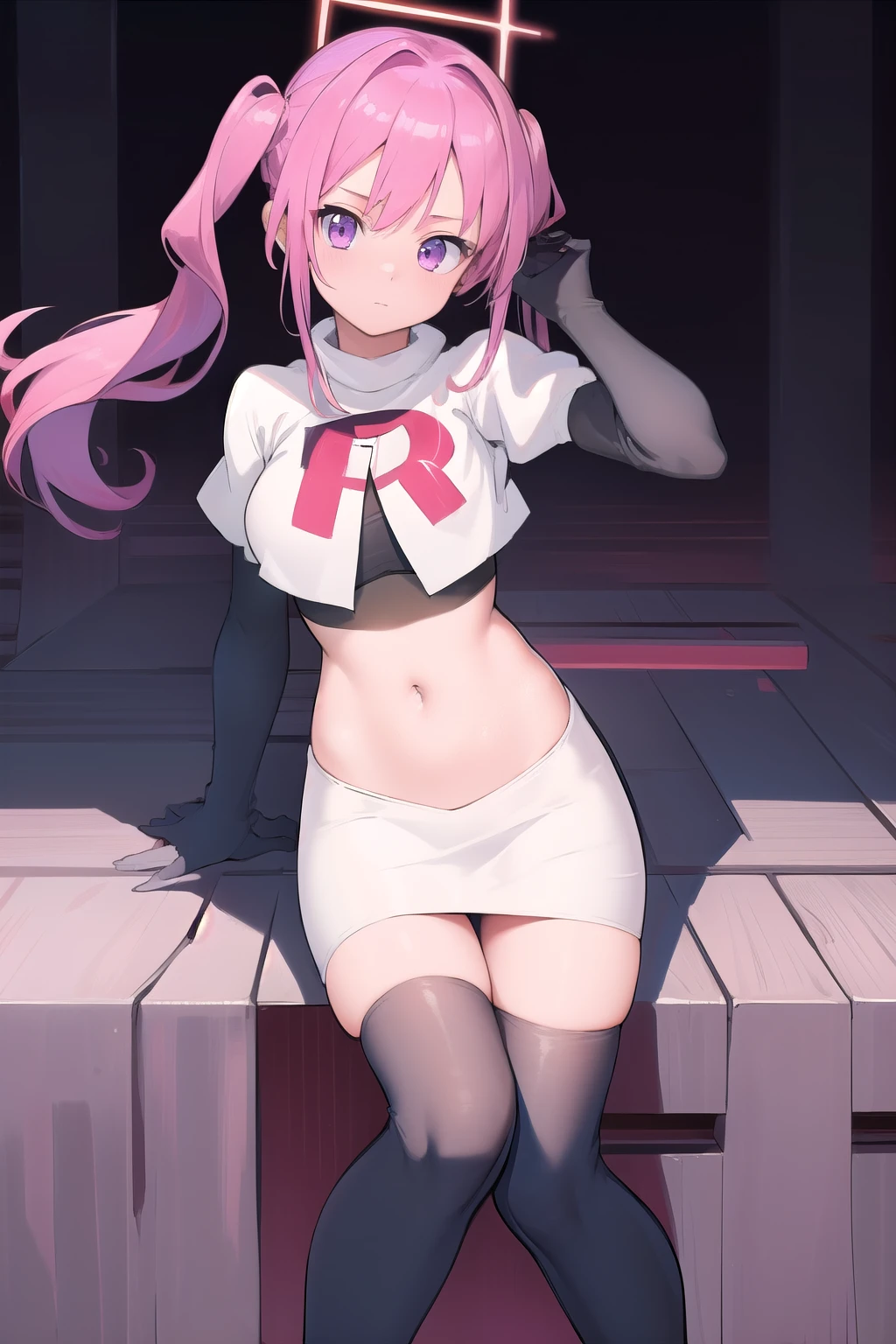 (masterpiece, best quality:1.2),illustration,8k,hd,1girl,solo,pink_hair,blue skirt,twintails,purple_eyes,navel,ahoge,bow,chain,long_hair,team rocket,team rocket uniform,white skirt,crop top,black thigh-highs,black elbow gloves,