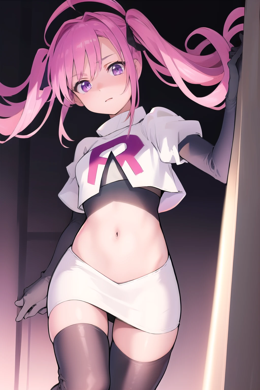 (masterpiece, best quality:1.2),illustration,8k,hd,1girl,solo,pink_hair,blue skirt,twintails,purple_eyes,navel,ahoge,bow,chain,long_hair,team rocket,team rocket uniform,white skirt,crop top,black thigh-highs,black elbow gloves,