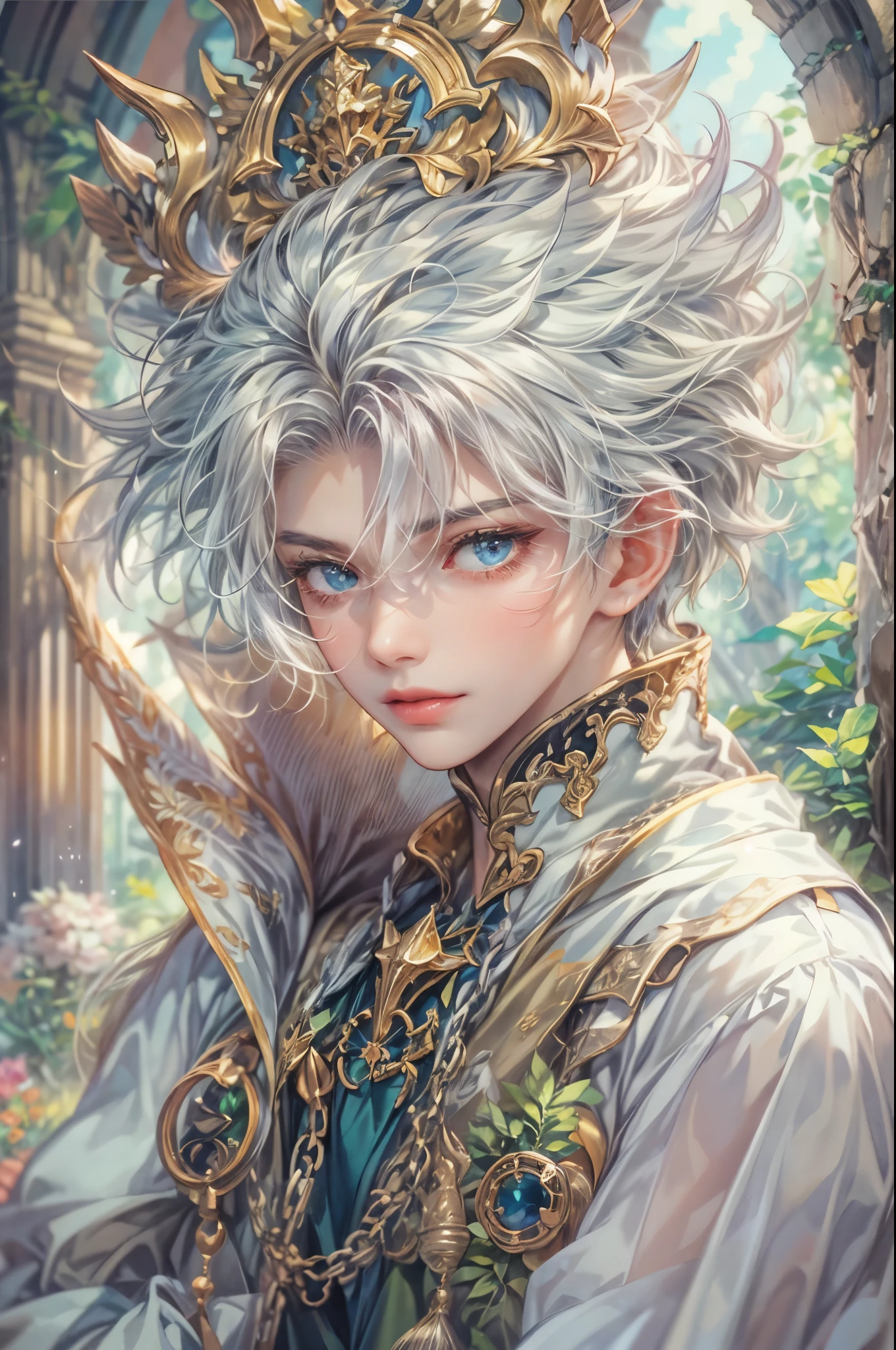 ((Best quality)), ((masterpiece)), (detailed), ((perfect face)), ((halfbody)) handsome face, male, teen boy, perfect proportions , a character from anime legend of mana teardrop crystal, silver hair, short hair, male version , gnostic church of domina scene, gnostic church of domina background, gnostic ghibli scenery background
