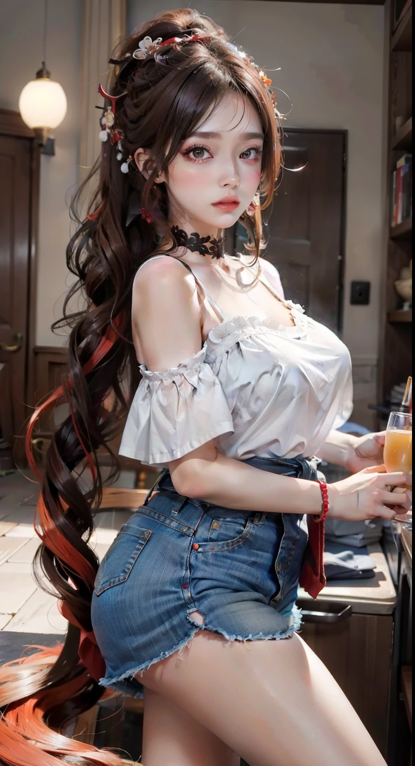 （Modify hair only、Face）Reddish-brown hair，Long curly hair，high ponytail，red headdress，red eyes，red eye，red pupils，Delicate and detailed eyes，sparkling eyes，huge ，