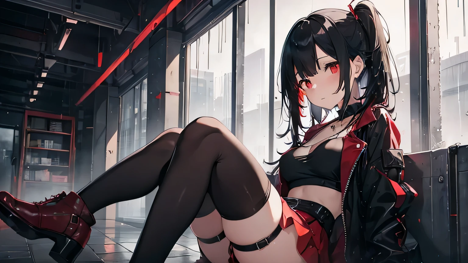 1 girl, Black hair with red, Red eyes, very sad, rain, necklace, skirt, knee-length stockings,wet,sexual. 8k HDR