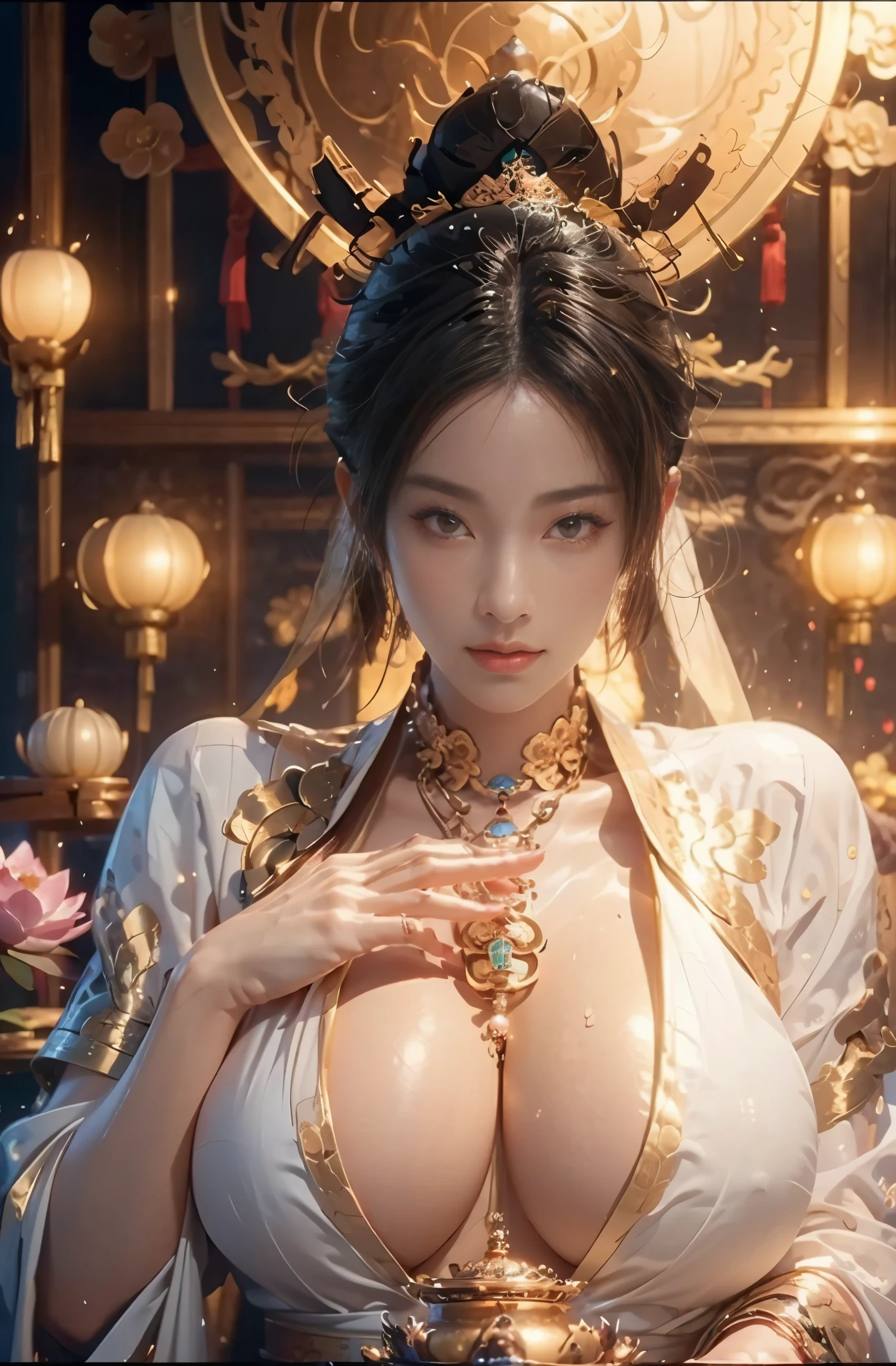 (mandala+Zen+Zen:1.2+fractal art),(chinese god+Buddha religion+大乘Buddha religion+Buddha),(sitting on lotus+huge breasts+Two hands behind the back+Bilateral symmetry+Exquisite and beautiful face+white silk robe+Sit on top of the lotus),draw photo,faint smile,neoclassicism,OP Art,chiaroscuro,light,divine light,light tracking,character table,expected insert,First-person perspective,超high quality,masterpiece,accurate,textured skin,Super detailed,high detail,high quality,Award-winning,best quality,high resolution,8k