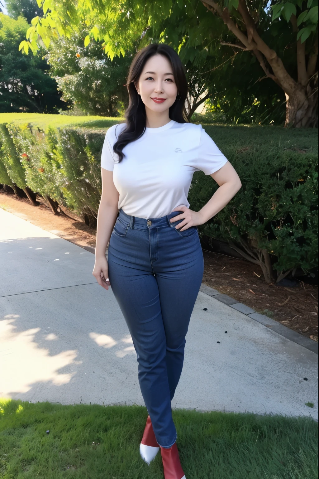 Draw lips correctly, red lipstick, from chest up, best quality, Super detailed, lifelike, Super fine skin, perfect anatomy, (1 日本Mature的女人), (alone),Wear a gray crew neck shirt,short sleeves,blue pants,white boots,wavy long hair,37-year-old female,Mature,charming smile,outdoor background,stand,Leg length,Chubby,Big breasts,stand up,full-body shot