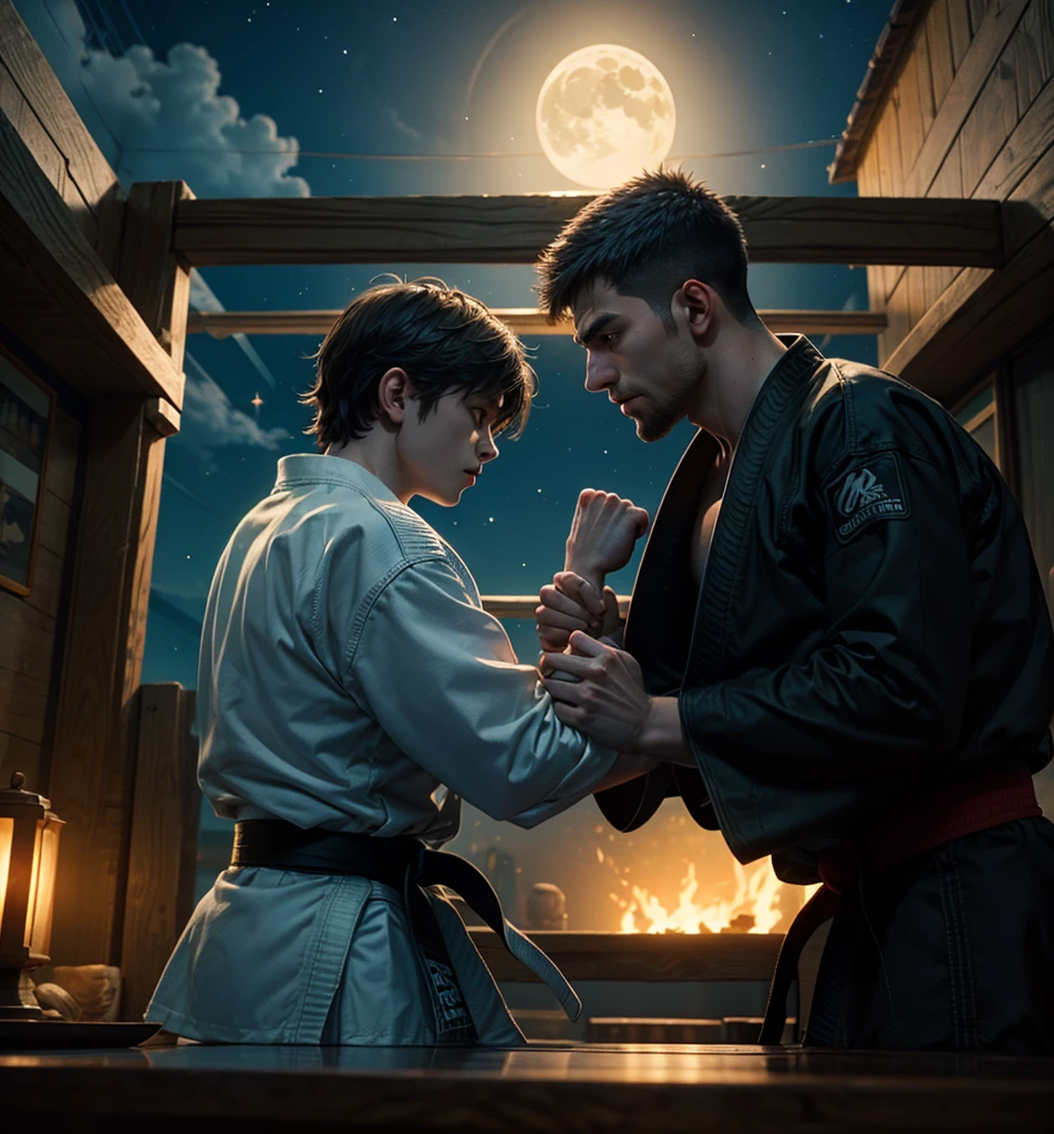 Overall shooting:1.4, (super detailed eyes), (((Textile shading))), (((best quality))), (((table))), (((Super detailed CG))),(( karate , Two strong men in front of each other: 1.5)), karate, People watch the game in a Japanese temple: 1.5, karate最终对决, The decisive moment, Very detailed, complicated、magical and beautiful), night in desert, Moonlight bioluminescent lighting, ultra high definition, 8k, Unreal Engine 5, Ultra-sharp focus, complicated的艺术品杰作, scandal, golden ratio, Very detailed, Full of energy, night with huge moon, Create character renderings, Super high quality model, 32k