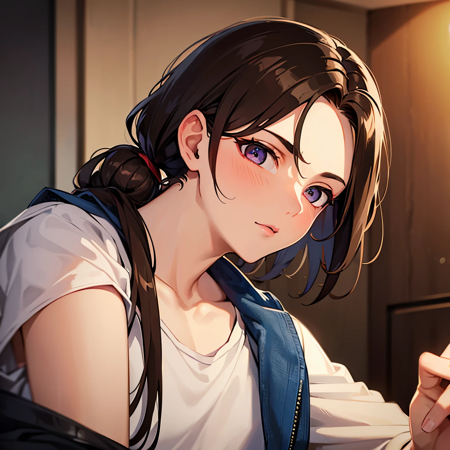 Boy brown hair tied up and with two loose strands in the front, ojos rojos
